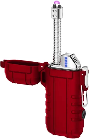 360° Waterproof Outdoor Lighter, with LED Flashlight USB Rechargeable Double Arc Plasma Lighter, with Expandable and Flexible Neck, for Camping Hiking Traveling (Color : Red)
