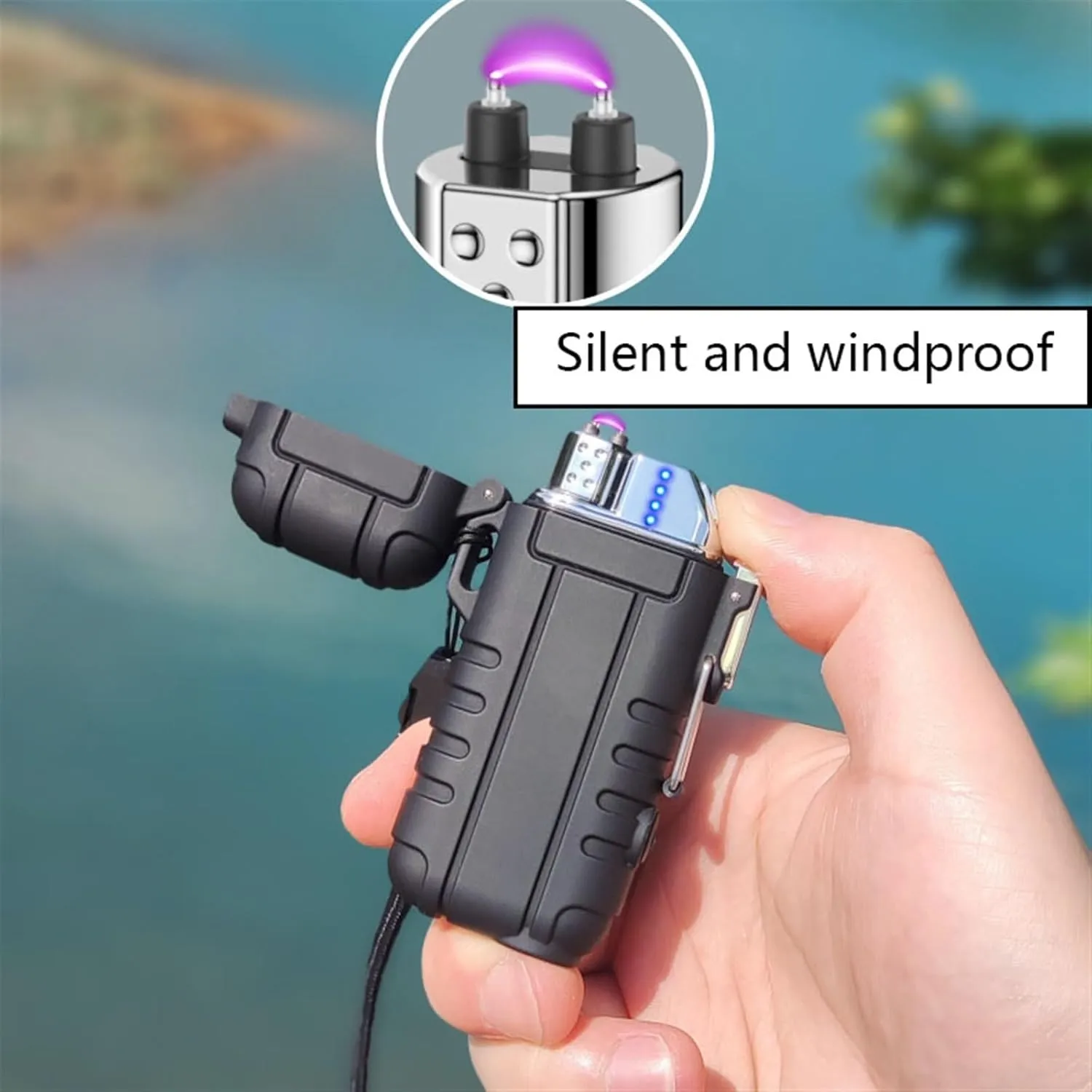 360° Waterproof Outdoor Lighter, with LED Flashlight USB Rechargeable Double Arc Plasma Lighter, with Expandable and Flexible Neck, for Camping Hiking Traveling (Color : Red)