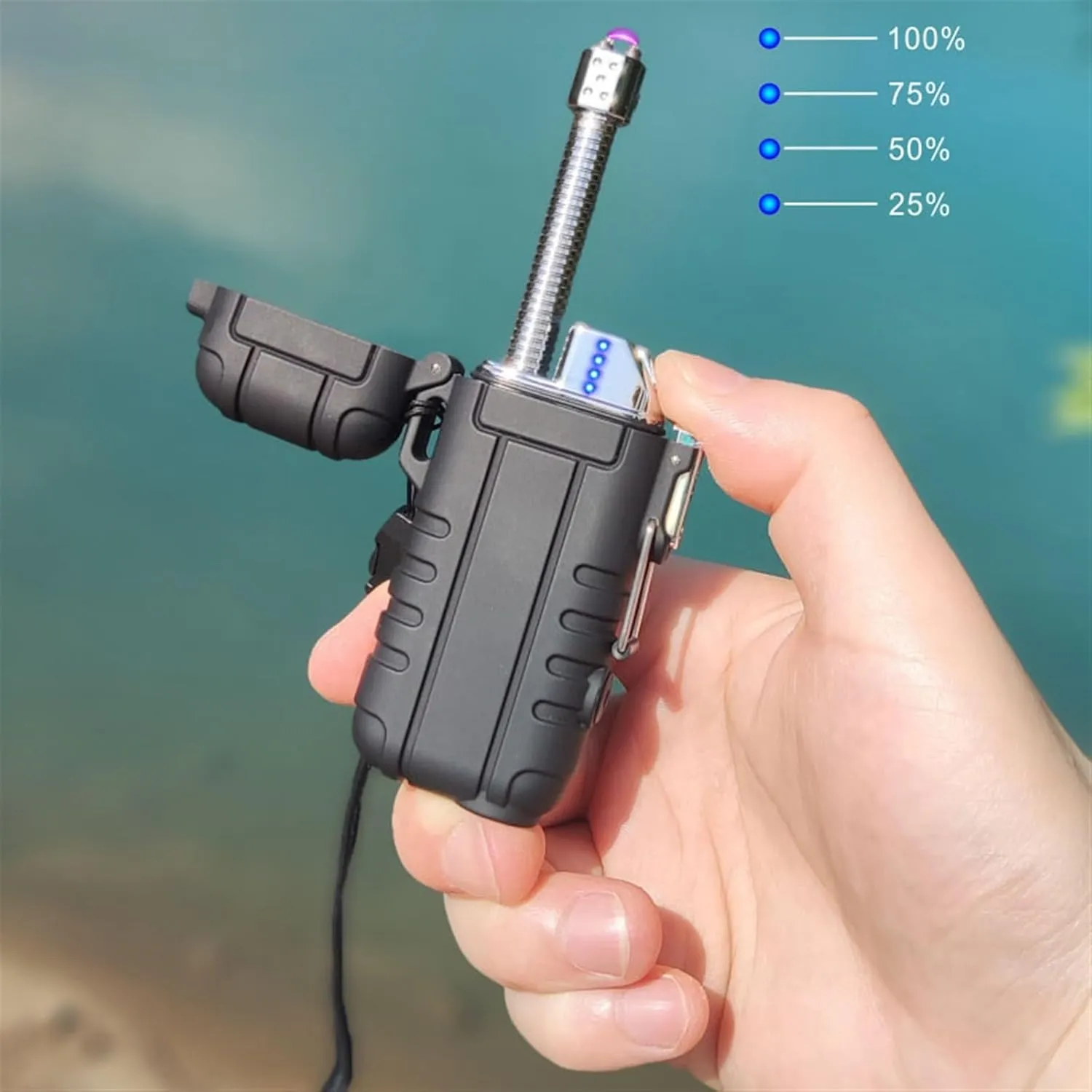 360° Waterproof Outdoor Lighter, with LED Flashlight USB Rechargeable Double Arc Plasma Lighter, with Expandable and Flexible Neck, for Camping Hiking Traveling (Color : Red)