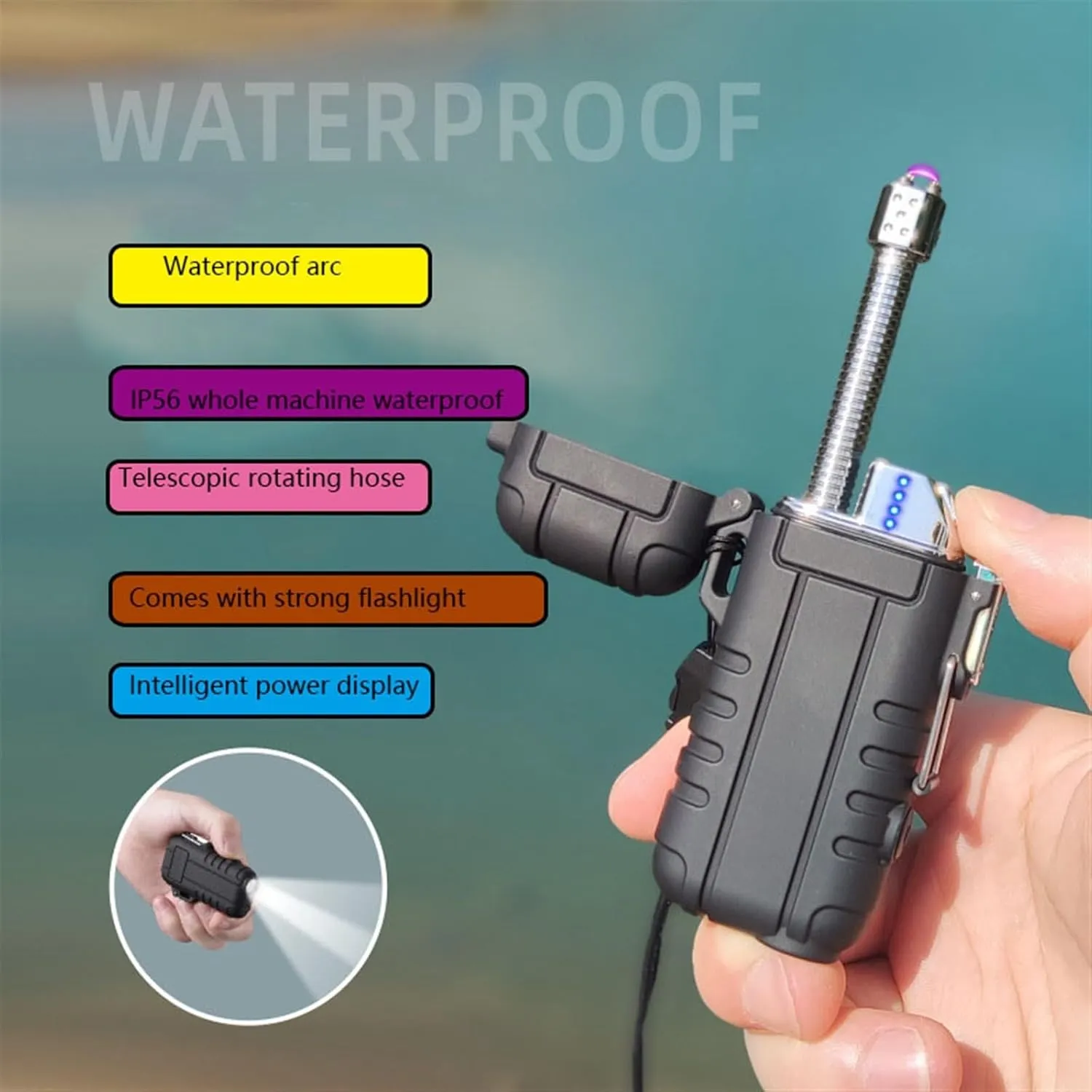 360° Waterproof Outdoor Lighter, with LED Flashlight USB Rechargeable Double Arc Plasma Lighter, with Expandable and Flexible Neck, for Camping Hiking Traveling (Color : Red)