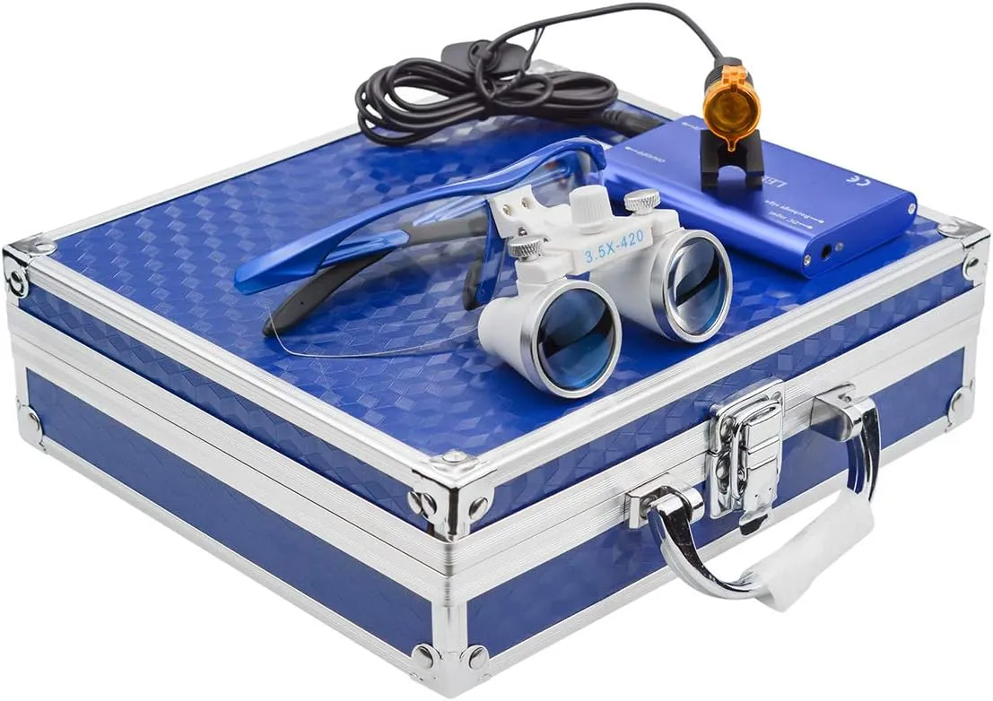 3W LED Headlamp with Filter   3.5X 420 Binocular Loupes Magnifying Glasses Aluminum Box (Blue)