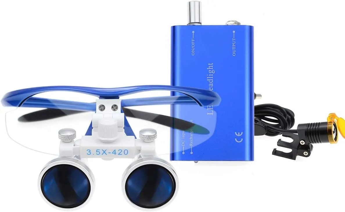 3W LED Headlamp with Filter   3.5X 420 Binocular Loupes Magnifying Glasses Aluminum Box (Blue)