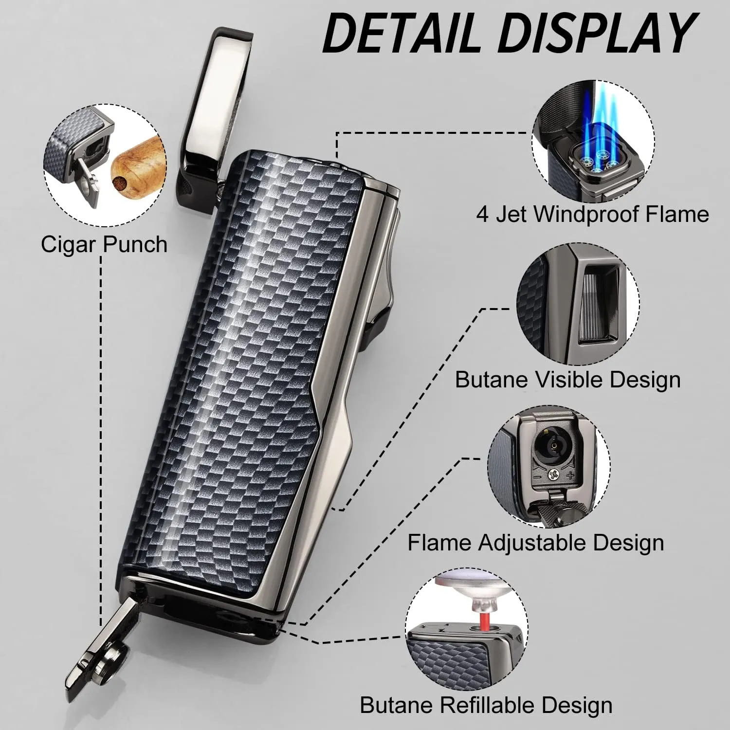 4 Jet Flame Torch Cigar Lighter - Refillable Butane, Windproof With Punch & Holder - Gift for Men Women (Blue Black, Without Gas)