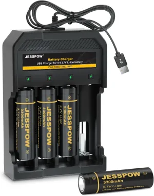 4 Pack 18650 Flat Top Rechargeable Battery with Charger 3.7V 3300mAh, Batteries for Headlamps, Flashlight, Small Fan, Outdoor Garden Lights