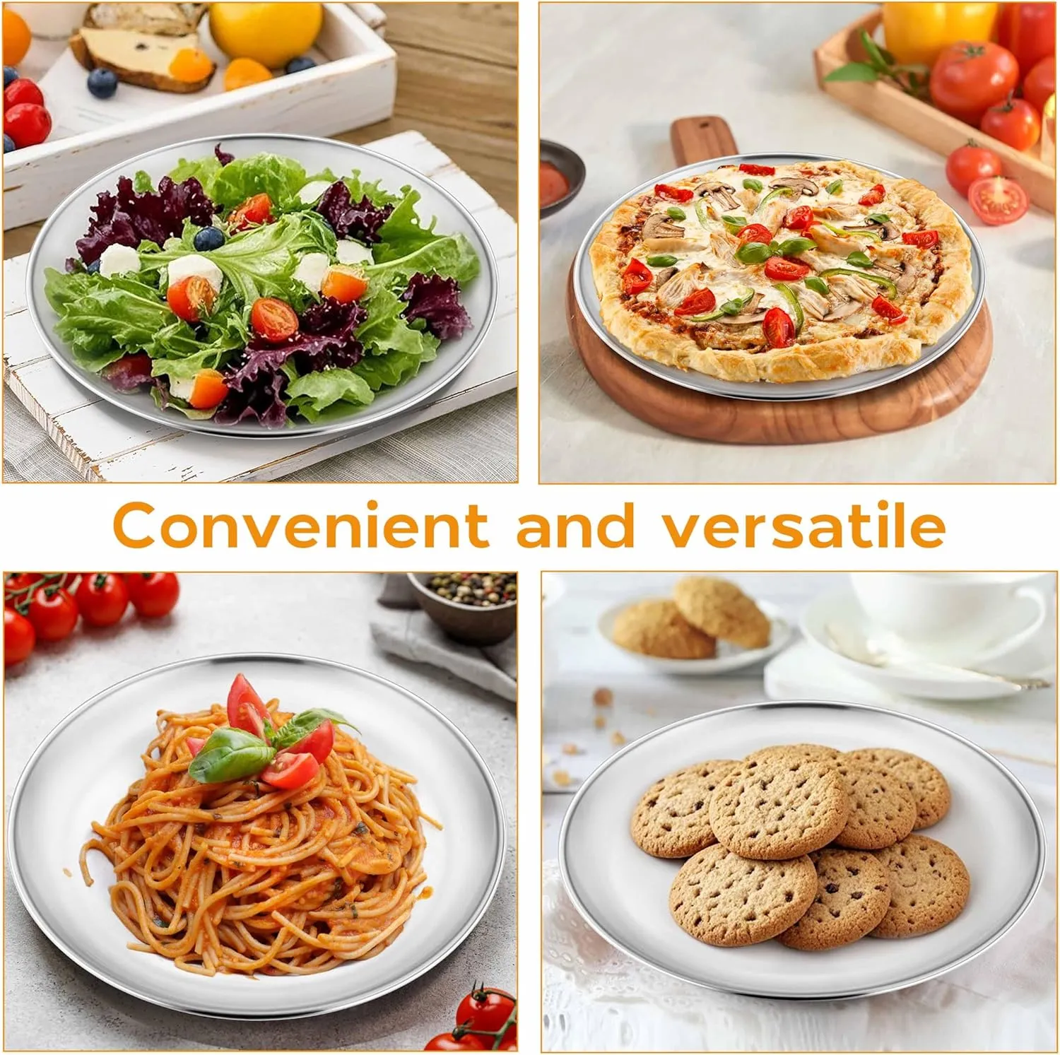 4-Piece Stainless Steel Plates 8 Inch 304(18/8) Metal Round Dinner Plate Kids Toddlers Dishes for Serving Dishwasher Safe