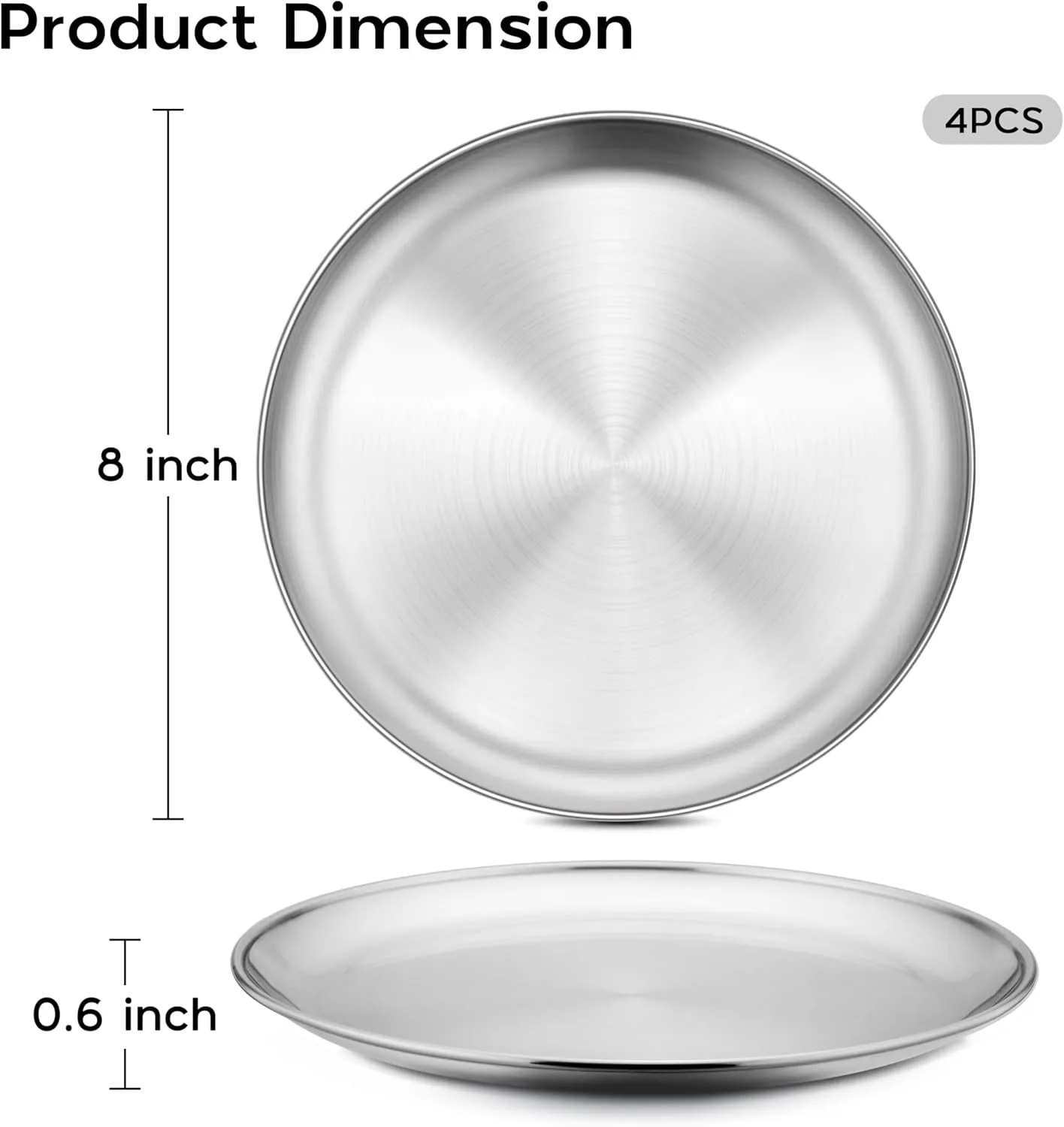 4-Piece Stainless Steel Plates 8 Inch 304(18/8) Metal Round Dinner Plate Kids Toddlers Dishes for Serving Dishwasher Safe