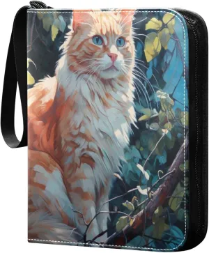 4 Pocket Card Binder with 50 Removable Sleeves Orange Cat Painting Trading Card Binder Collector Card Album for 400 Game Sports Cards