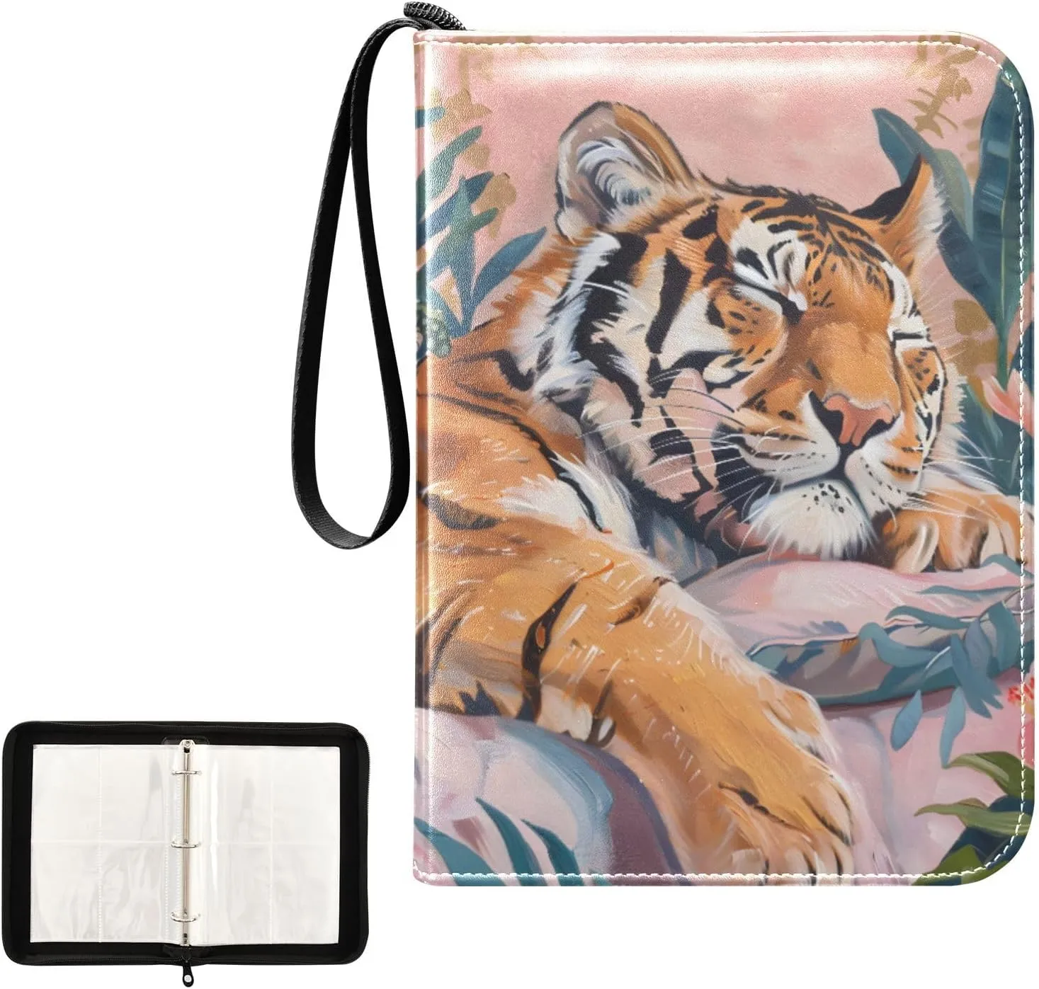 4 Pockets Trading Card Album Holder Book Folder Sports Card Binder Sleeping Tiger 400 Double Side Pockets for 3 Ring Binder Zipper