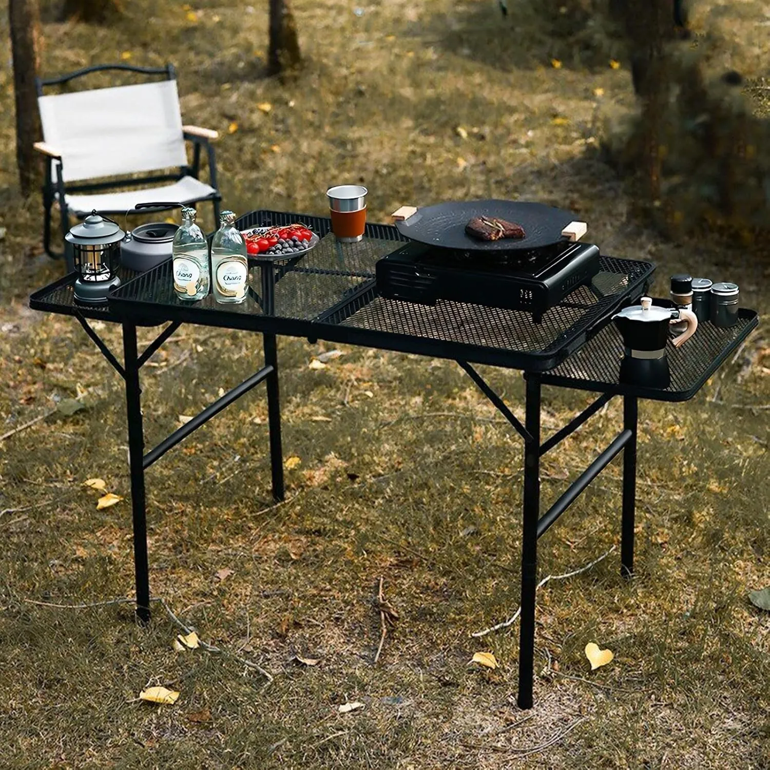 4.4FT Folding Grill Table, Portable Camping Table with Extension Board, Height Adjustable Metal Table with Mesh Desktop, Lightweight Outdoor Grill Table for Camping, Picnic, Beach and BBQ