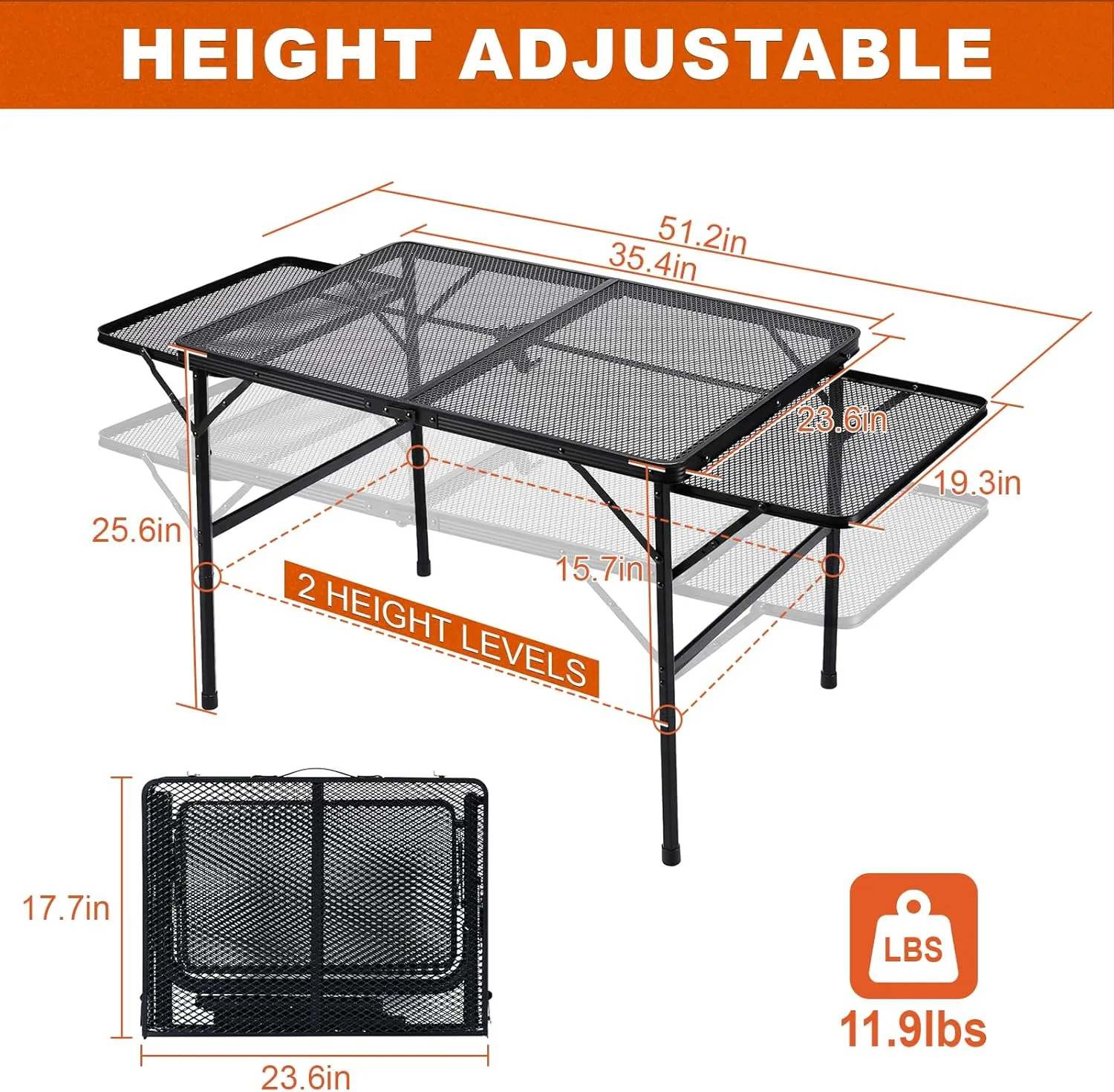 4.4FT Folding Grill Table, Portable Camping Table with Extension Board, Height Adjustable Metal Table with Mesh Desktop, Lightweight Outdoor Grill Table for Camping, Picnic, Beach and BBQ