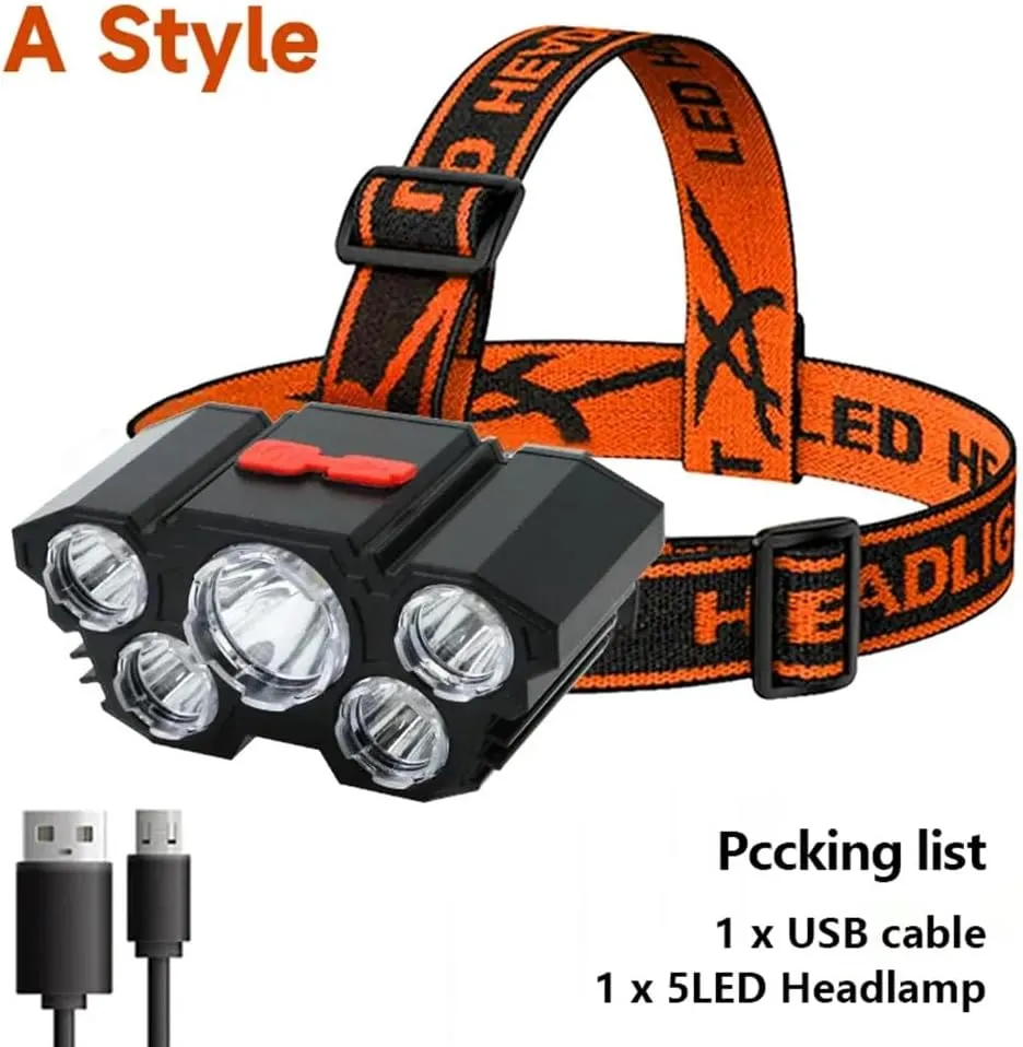 5 LED Flashlight Rechargeable with Built in Battery Strong Light Camping Adventure Fishing Head Light Headlamp (Type A)