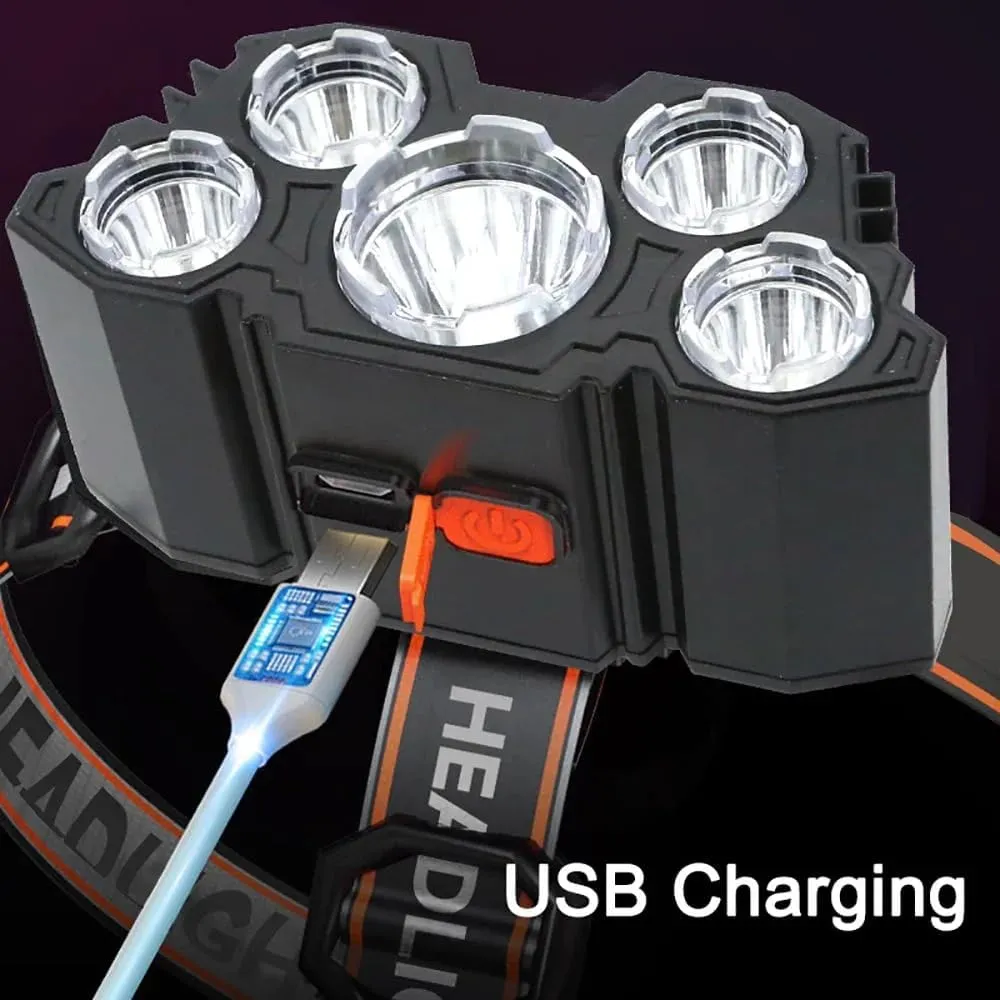 5 LED Flashlight Rechargeable with Built in Battery Strong Light Camping Adventure Fishing Head Light Headlamp (Type A)