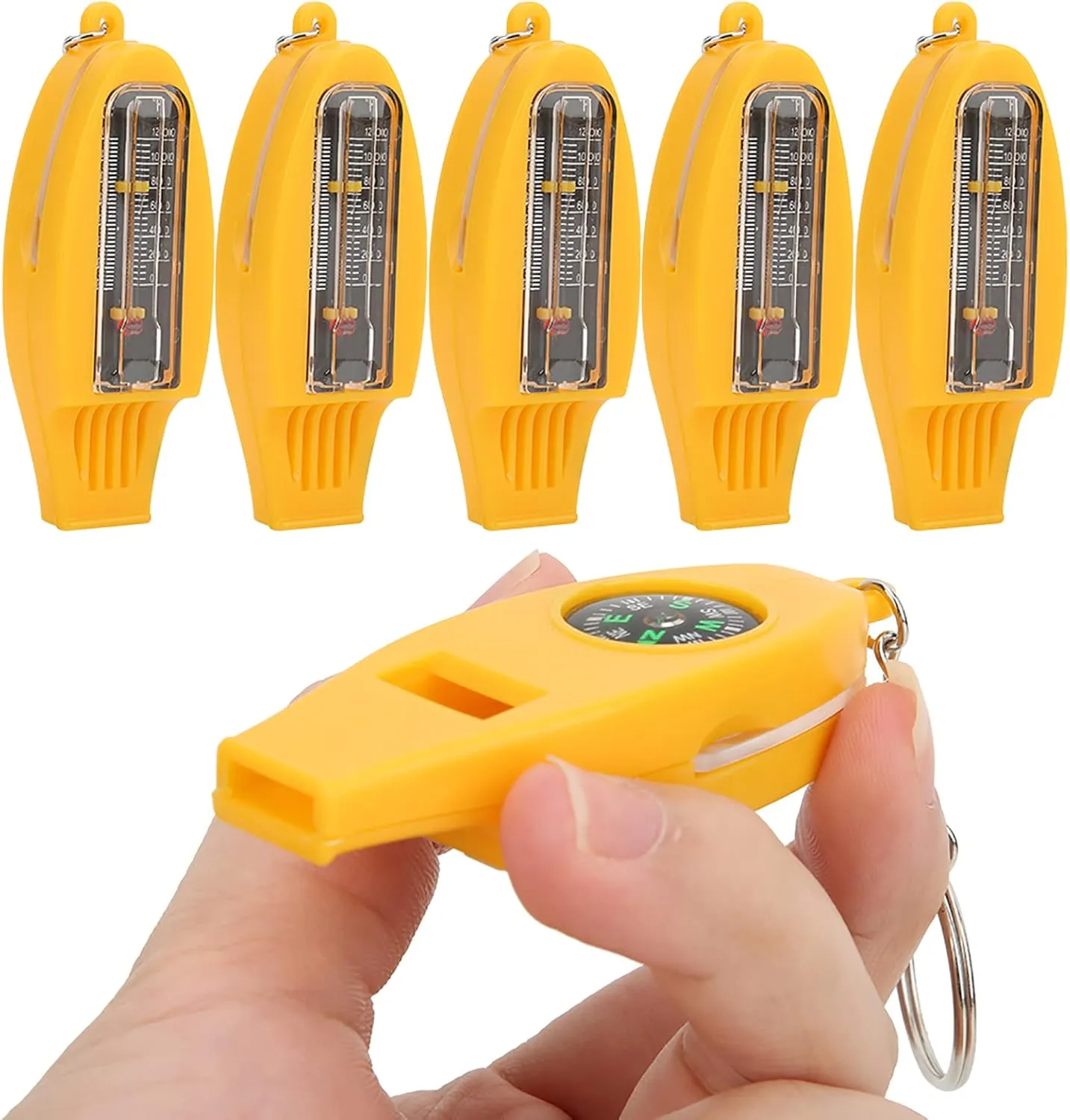 5 Pcs Multifunctional 4 in 1 Camping Hiking Outdoor Whistle, Emergency Survival Whistle, with Compass Magnifier Thermometer, for Hiking, Camping, Climbing, Rescue Signaling