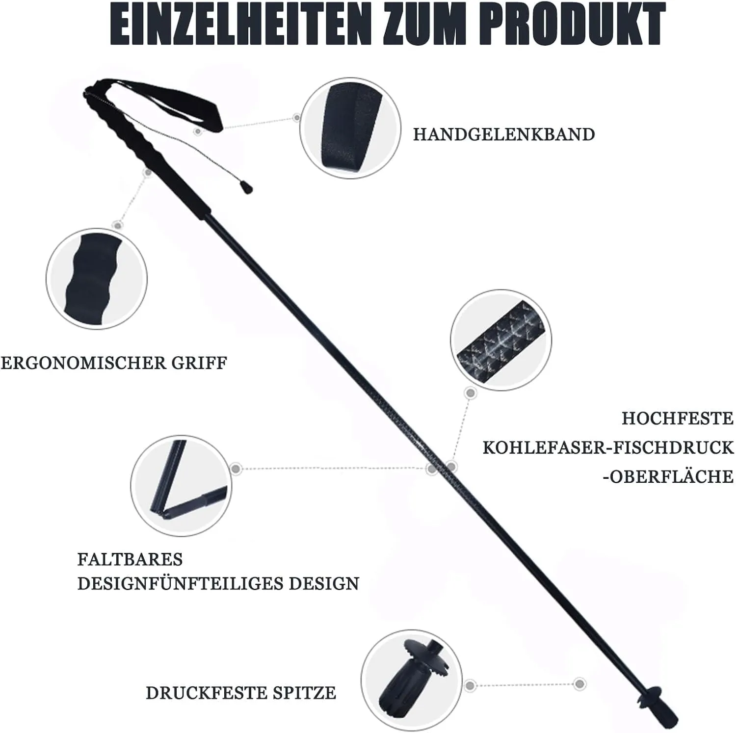 5-Section Carbon Fiber Trekking Poles, Lightweight and Durable 2-Pack, Foldable, Straight Grip, Suitable for Hiking, Trekking and Mountaineering