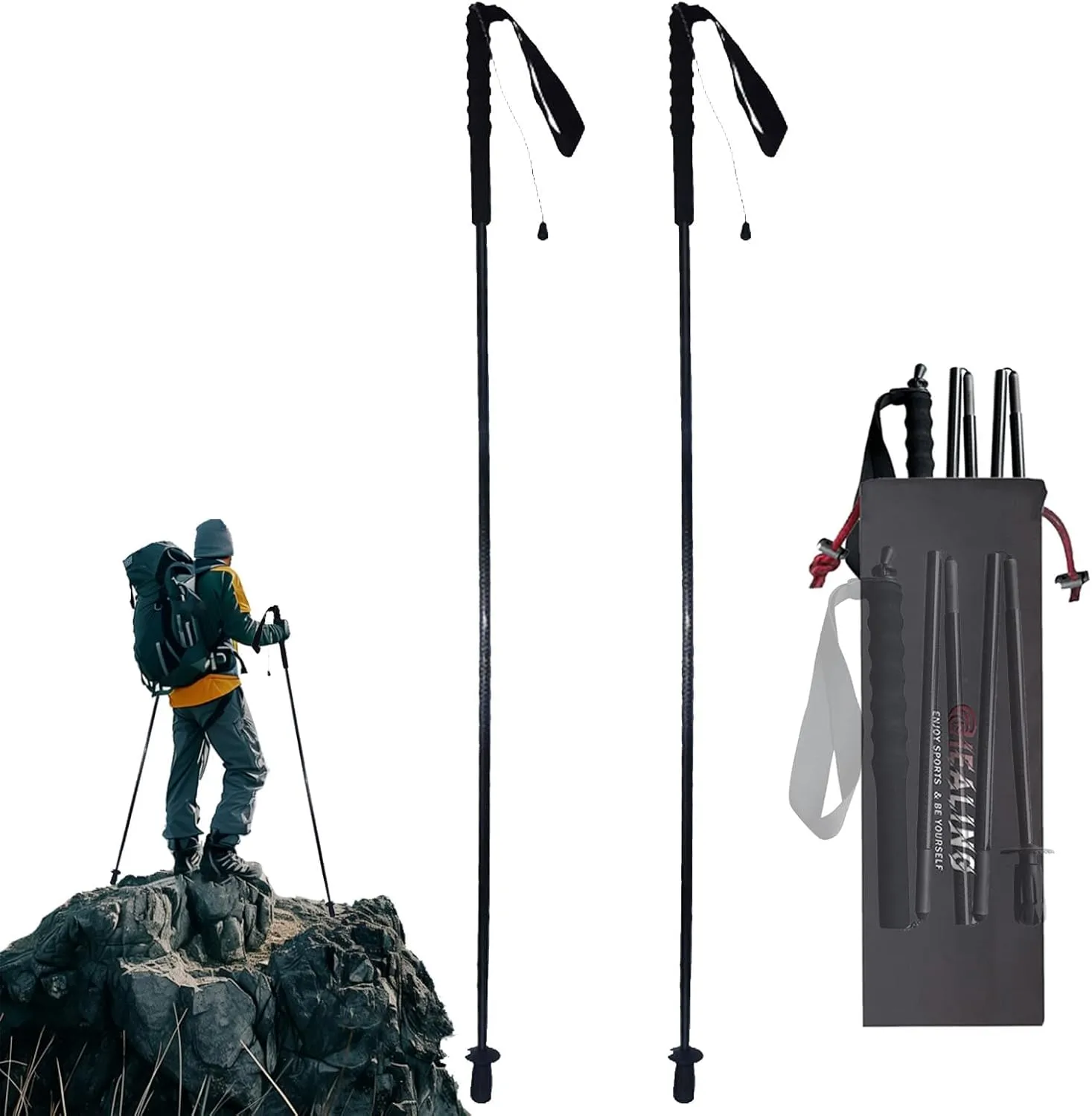 5-Section Carbon Fiber Trekking Poles, Lightweight and Durable 2-Pack, Foldable, Straight Grip, Suitable for Hiking, Trekking and Mountaineering