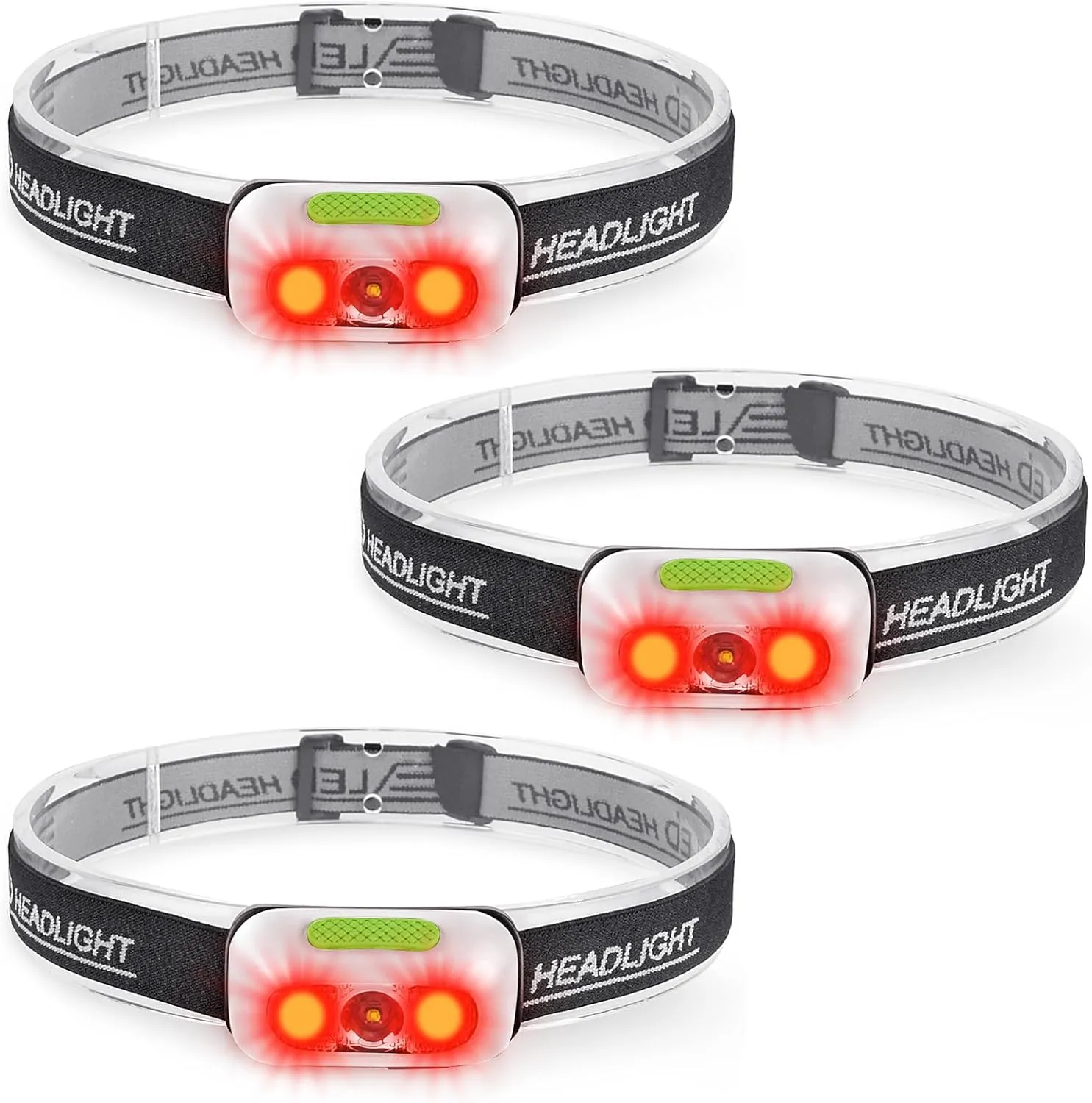 500 Lumen Rechargeable Headlamp (3 Pack), 5 Modes with Red Light Head Lamp, IP54 Water-Resistant Adjustable Strap Head Light for Adult Running, Camping, Cycling-White