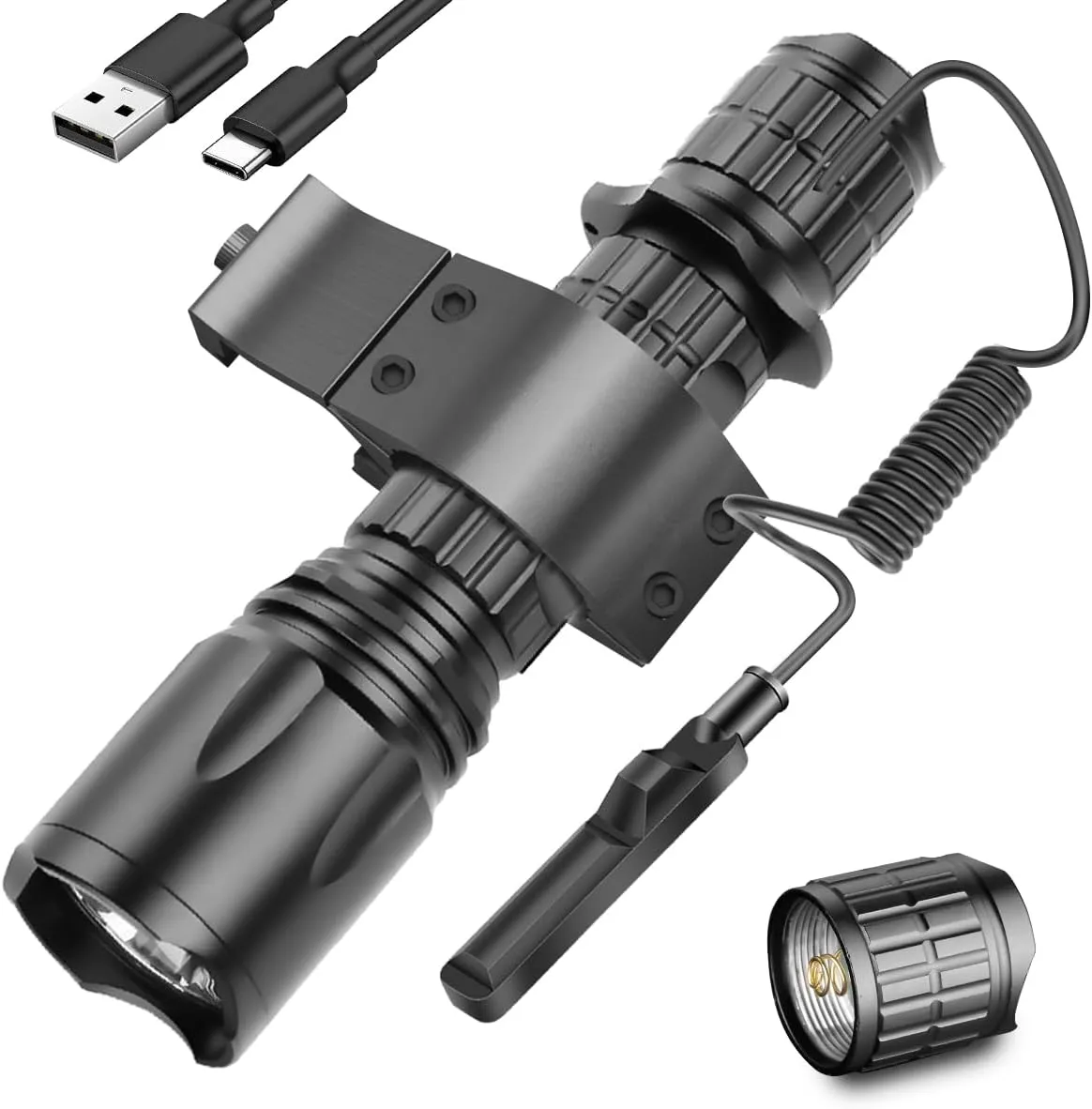 5000 Lumen Picatinny Rail Tactical Flashlight - 5 Modes USB Rechargeable Rifle Light with Pressure Switch - Ideal for Hunting, Camping & Tactical Operations