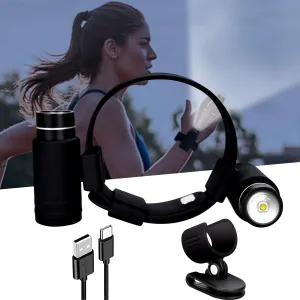 5In1 LED Hands Free Flashlight Rechargeable Running Light 2 Lights/2 Finger Cots/1 Wrist Strap/1 Clip Wrist Flashlight for Running Flashlight/Fishing Light/Cycling Light/Emergency Light