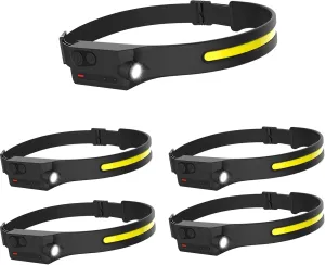 5x Rechargeable Headlamp LED 350 Lumen Bright Head Lamp with Motion Sensor Lightweight USB Head Light Comfortable Headband with Wide Beam 5 Mode Waterproof Head Flashlight for Outdoor Running Camping