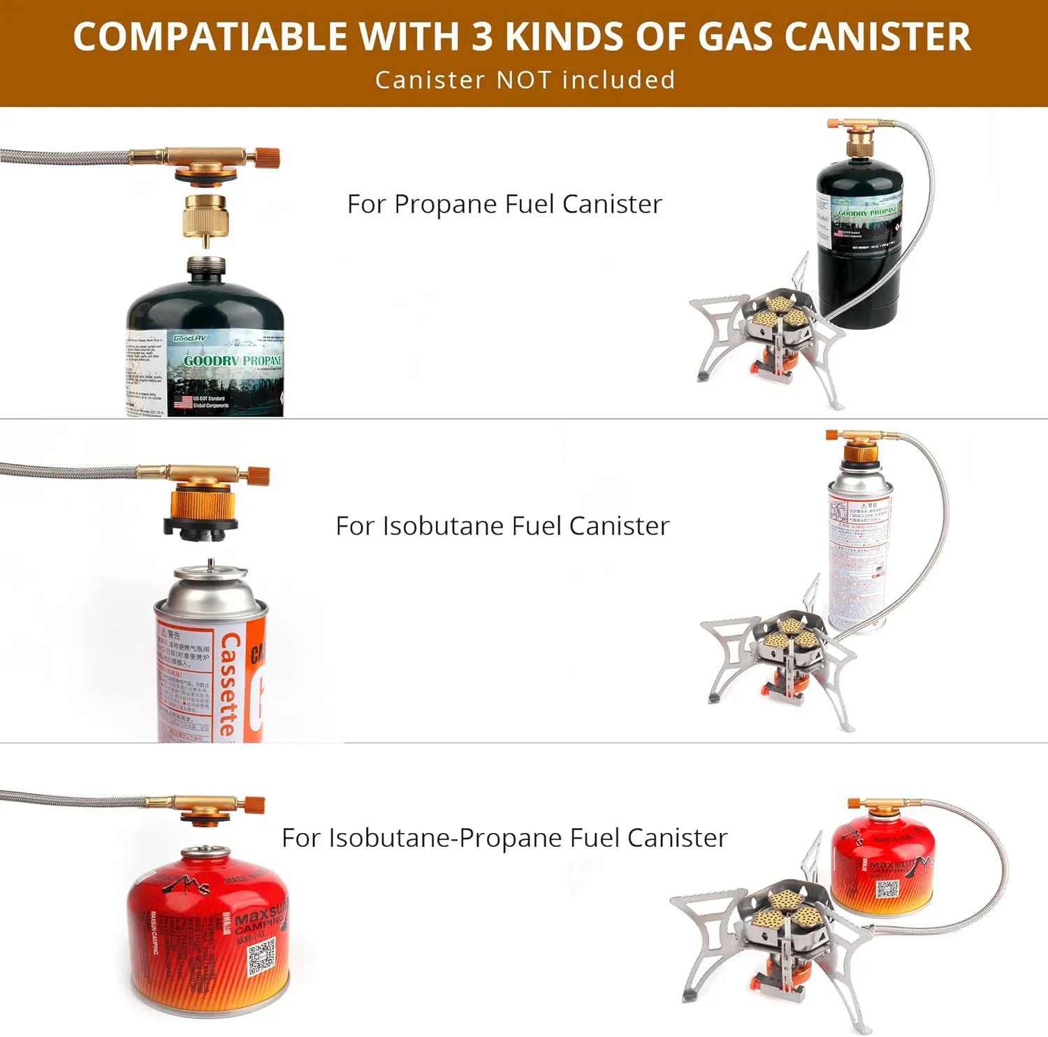 6800W Camping Stove with Fuel Canister Adapter Portable Backpacking Gas Stove with Piezo Ignition, 1LB Propane Tank Adapter, Butane Adapter for Outdoor Cooking, Picnic, Camping and Hiking