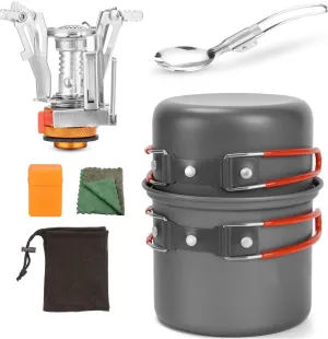 6pcs Camping Cookware Mess Kit Outdoor Cooker Pot Set Compact Portabl Travel Cutlery Pot Pan Picnic Handle Pot Folding Gas Heater for Backpacking with Hiking Pot,Stove,Spork Carry Mesh Bag