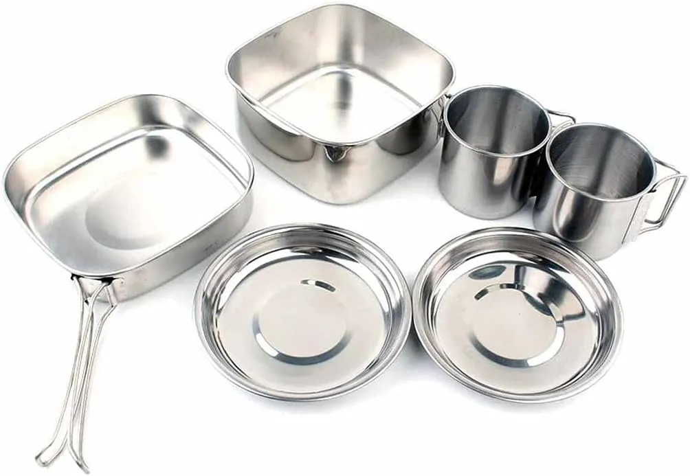 6pcs Outdoor Pot Camping Stainless Steel Cooker Mountaineering Picnic Set Bowl Portable 3-4 Person Barbecue Kitchen Cookware