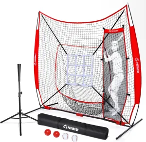 7 ft x 7 ft Baseball Softball Hitting Pitching Practice Net with Batting Tee and Batter Portable Baseball Net with 2 Weighted Baseballs, 2 Baseballs, Carry Bag and Strike Zone