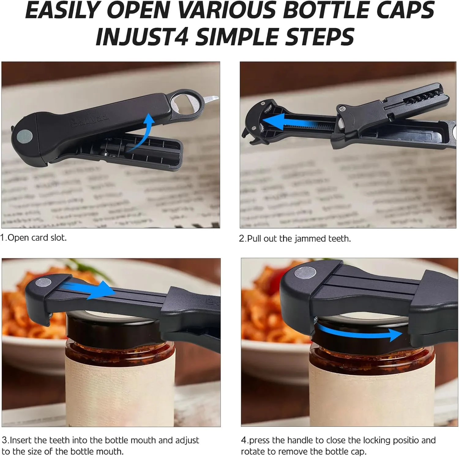 7 in 1 Jar Opener Bottle Opener and Wine Opener for Seniors with Arthritis, Weak Hands, Multi Retractable Magnetic Can Opener, Original Kitchen Lid Opener Tool (Black)