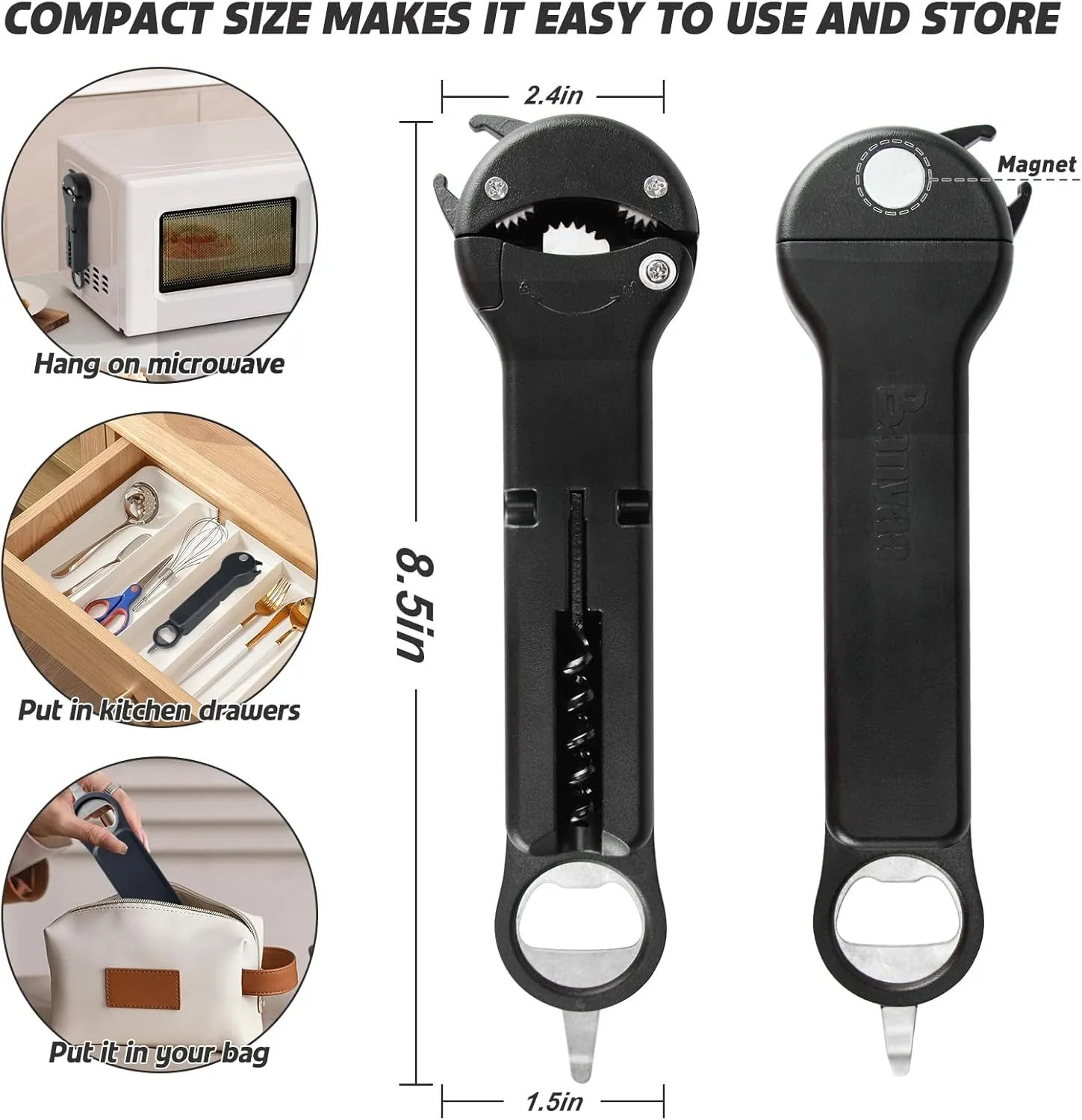 7 in 1 Jar Opener Bottle Opener and Wine Opener for Seniors with Arthritis, Weak Hands, Multi Retractable Magnetic Can Opener, Original Kitchen Lid Opener Tool (Black)