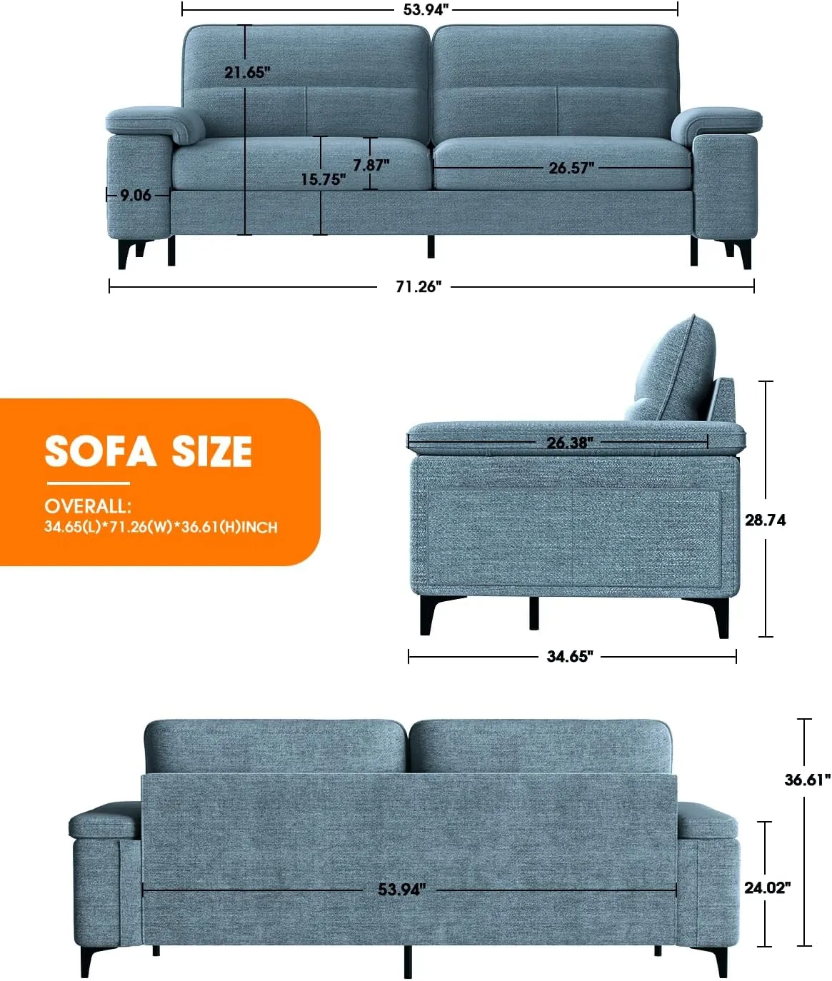 71.25" Modern Sofa Couch for Living Room, Deep Seat Sleeper Sofas with 8”Cushion, Comfy 2-Seater Chenille Loveseat with Convertible Armrest, Removable Sofa Cover, High Leg(Blue)