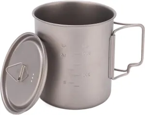 750ml Titanium Mug with Lid Camping Cup with Foldable Handle, Outdoor Titanium Water Mugs With Folding Handles Portable Camping Titanium Water Cup