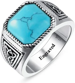 7ct Vintage Teal Turquoise|Emerald|Black Onyx Ring for Men 925 Sterling Silver Men Rings 11mm Square-Cut Mens Cocktail Rings Celtic Pattern Band for Dad Father Size 7-12