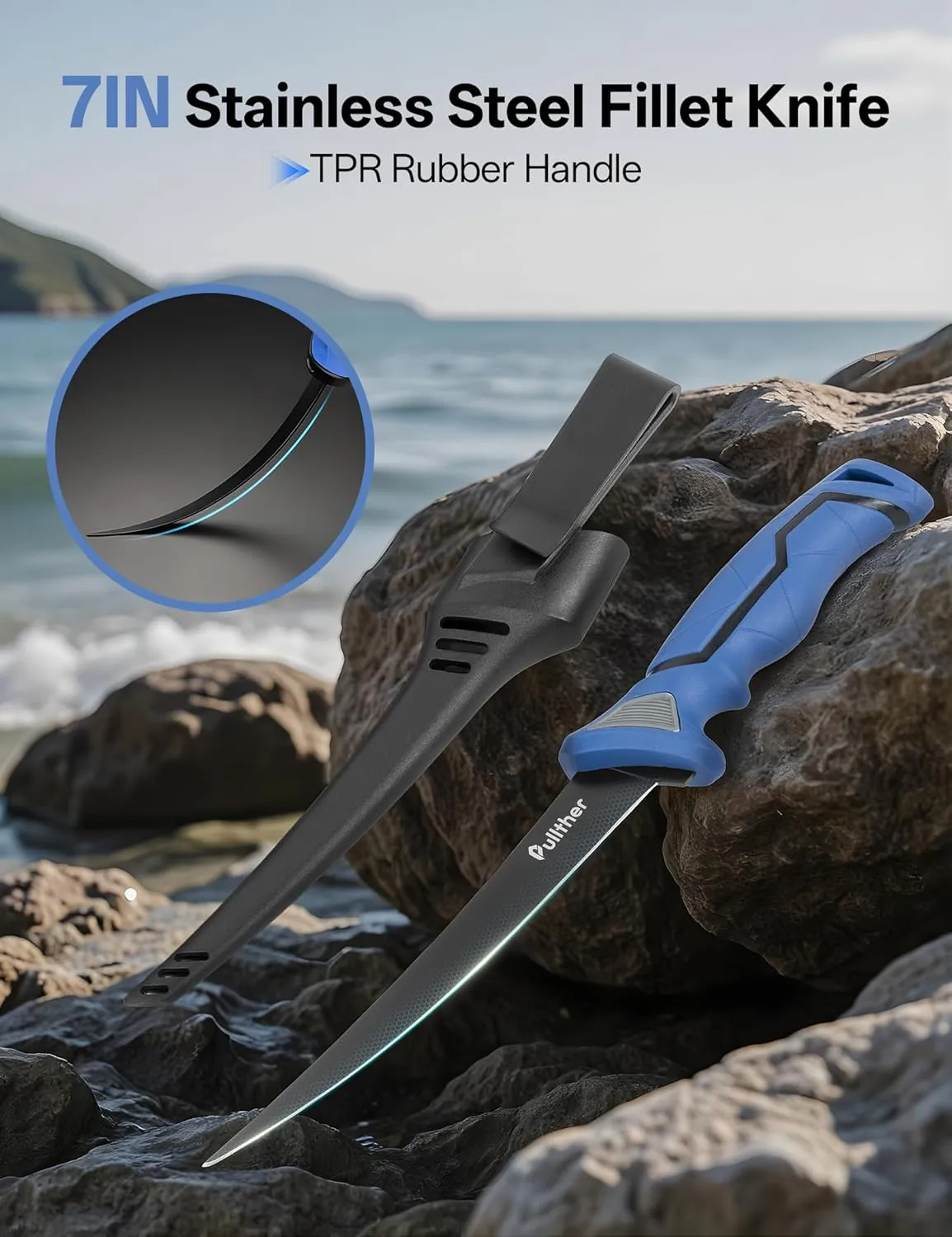 7pc Fishing Tool Kit, Fillet Knife, Fish Scale Remover Tool,Stainless Steel Soap Bar, Fishing Towel,Tool Retractor,Knife Sharpener Rod,Fishing Gear with Fishing Glove