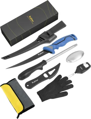 7pc Fishing Tool Kit, Fillet Knife, Fish Scale Remover Tool,Stainless Steel Soap Bar, Fishing Towel,Tool Retractor,Knife Sharpener Rod,Fishing Gear with Fishing Glove