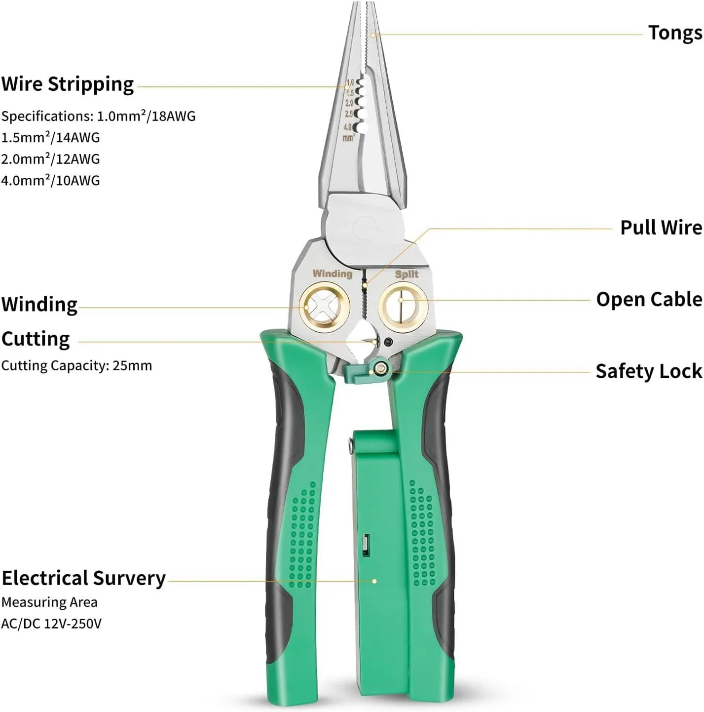 8 in 1 Wire Stripping Pliers, 8 in 1 Wire Stripper with Voltage Tester, Cable Stripper Tool with Plier for Wire Cutting, Pulling, Scraping and Pressing (Gray)