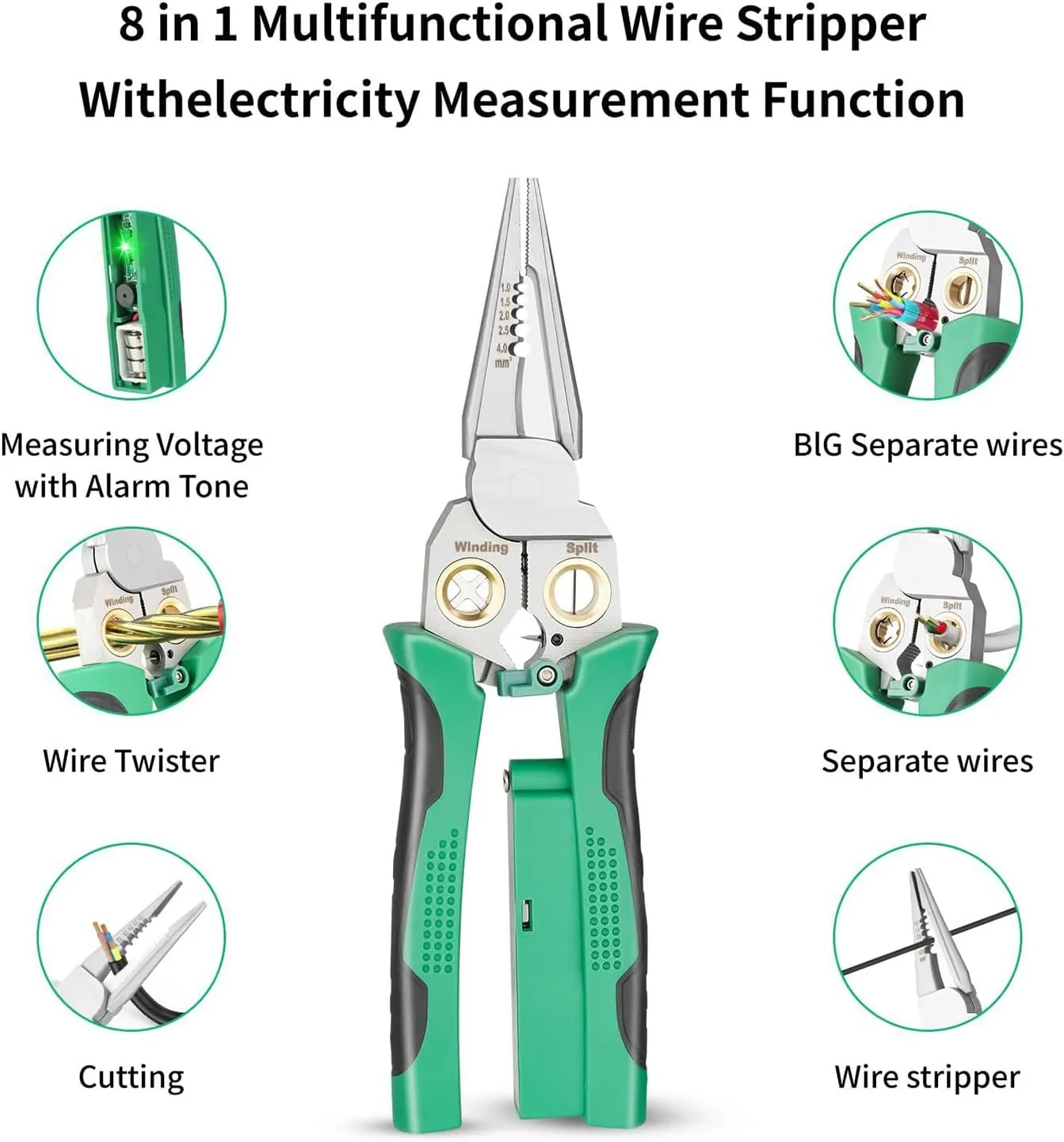 8 in 1 Wire Stripping Pliers, 8 in 1 Wire Stripper with Voltage Tester, Cable Stripper Tool with Plier for Wire Cutting, Pulling, Scraping and Pressing (Gray)