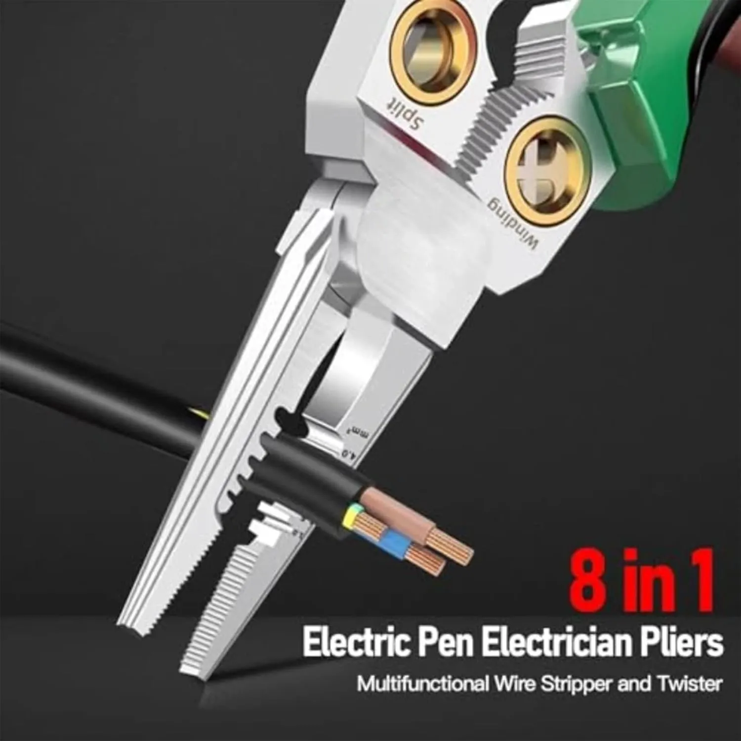 8 in 1 Wire Stripping Pliers, 8 in 1 Wire Stripper with Voltage Tester, Cable Stripper Tool with Plier for Wire Cutting, Pulling, Scraping and Pressing (Gray)