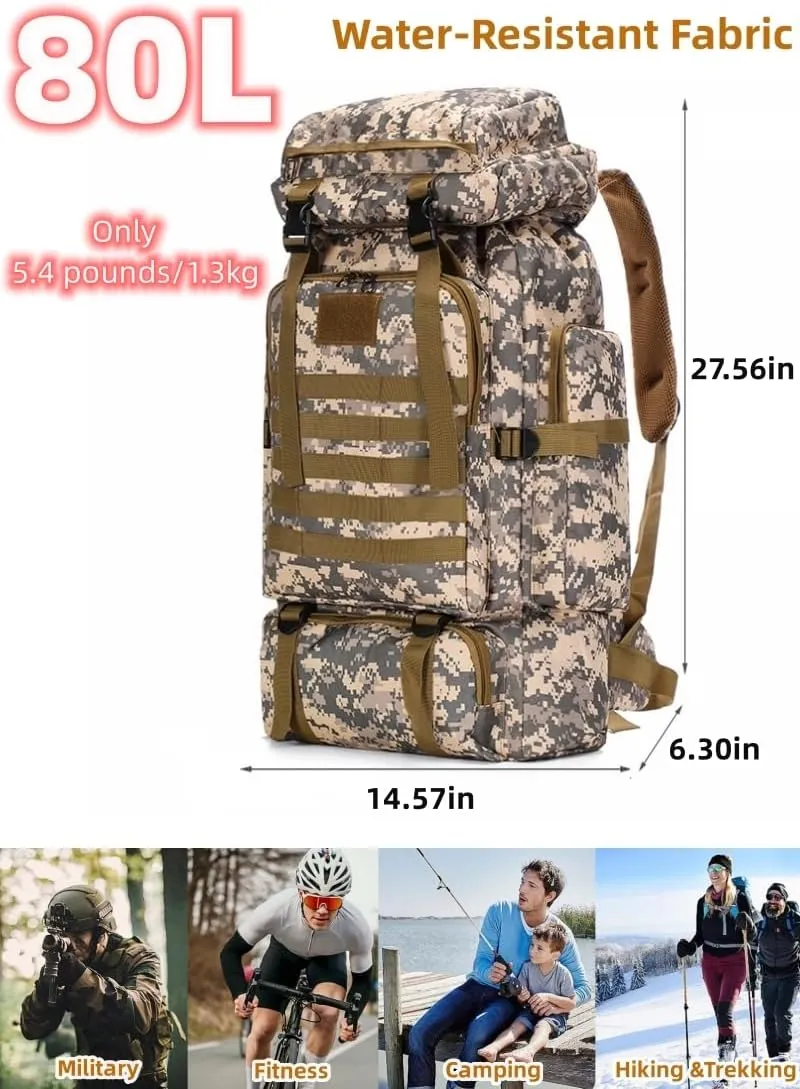80L Large Capacity Tactical Backpack Military Molle Camo Water-Resistant, Hiking Backpack for Camping Travel Unisex (80L/1.3KG)