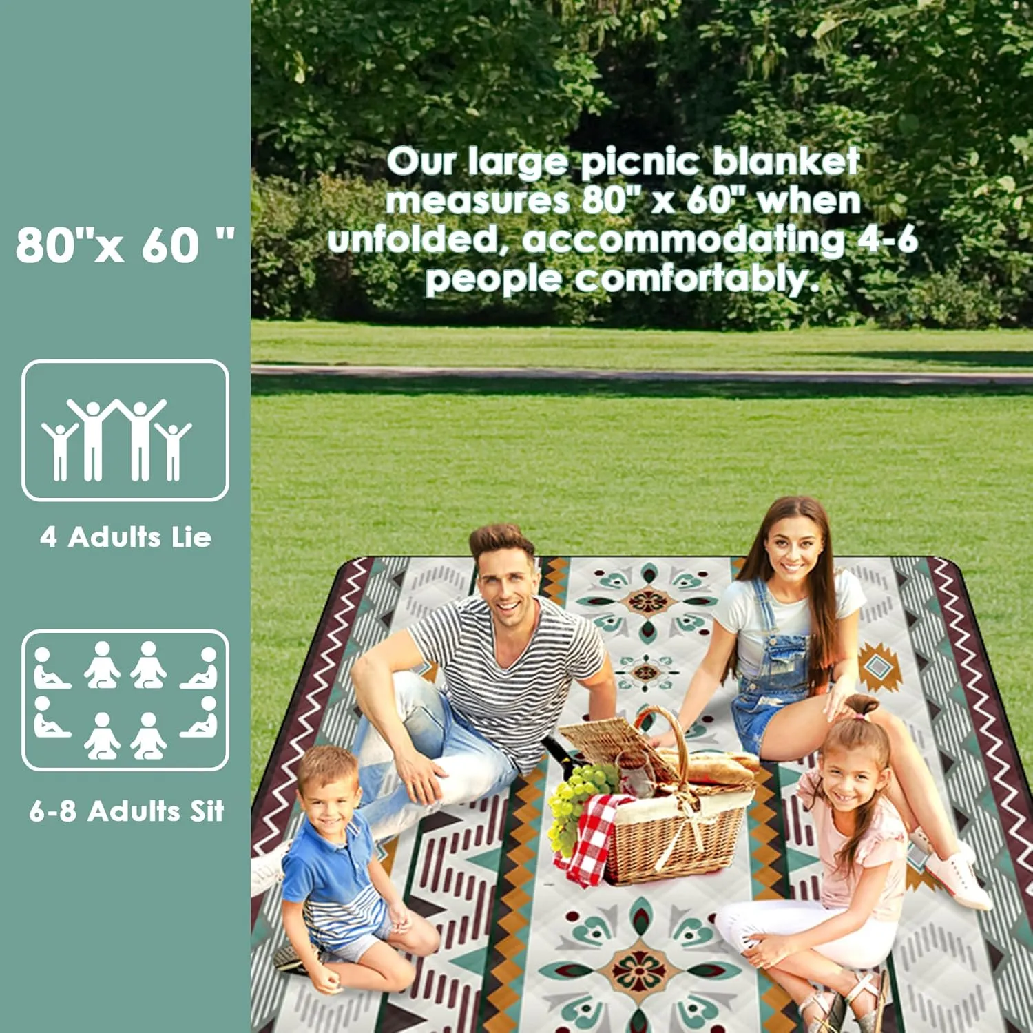 80"x60" Waterproof Picnic Blanket Large Outdoor Camping Blanket Foldable Picnic Camping Blanket Thicker Machine Washable Picnic Mat Portable Wearable for Picnics, Camping