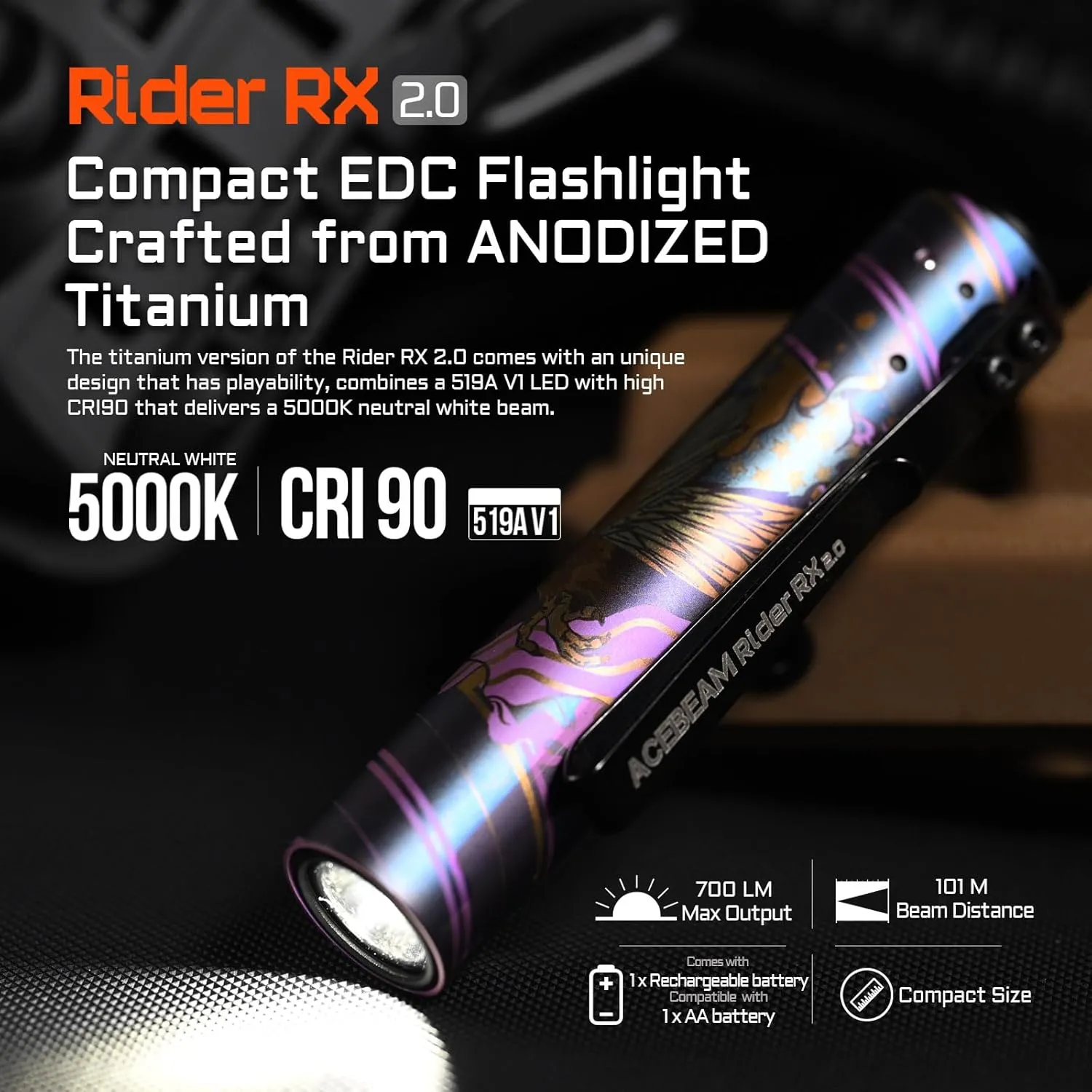 ACEBEAM Rider RX 700 High Lumens EDC AA Flashlight Rechargeable, Pocket LED Flashlight with Clip, Super Bright Mini Flash Light, 519A-V1 LED 90  High CRI Small Flashlight for Camping, Home