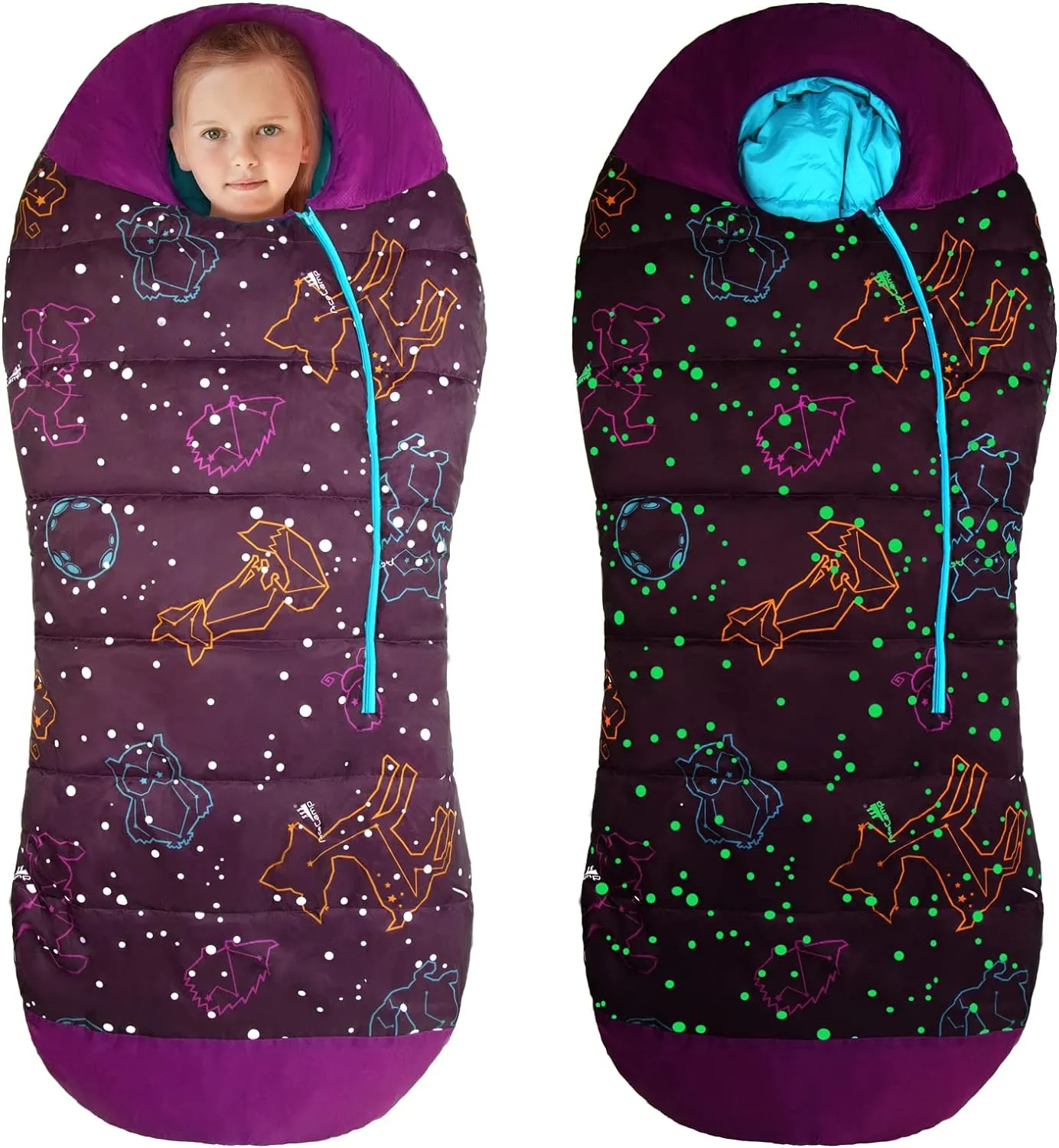 AceCamp Glow in The Dark Mummy Sleeping Bag for Kids and Youth, Temperature Rating 30°F/-1°C, Water-Resistant for Camping, Hiking, and Slumber Party
