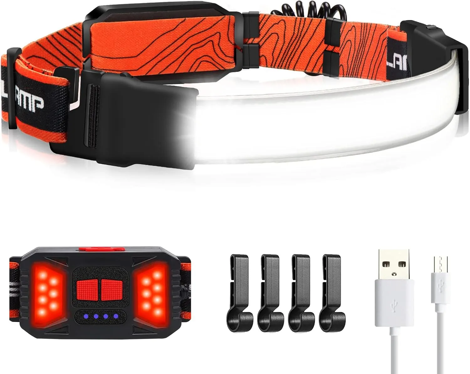 Adelante LED Headlamp Flashlight, 1000LM 230°Wide-Beam Rechargeable Head Lamp for Adults, Red Taillight & 4 Clips Waterproof Hard Hat Light Headlamps for Running Hiking and Camping