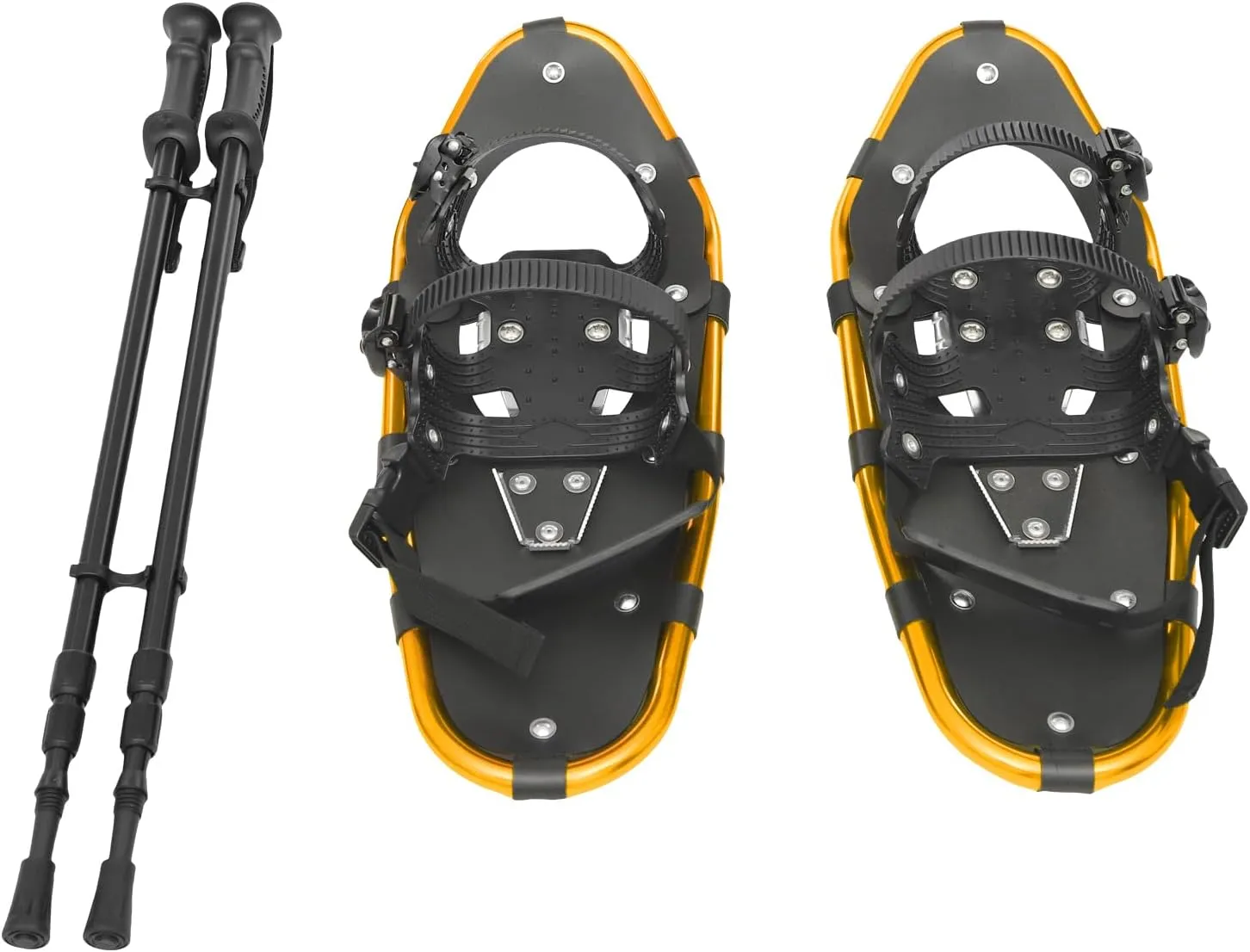 Adjustable Snowshoes with Trekking Poles Durable Aluminum Frame and Secure Straps Ideal for Skiing, Hiking, and Snow Adventures Black and Gold
