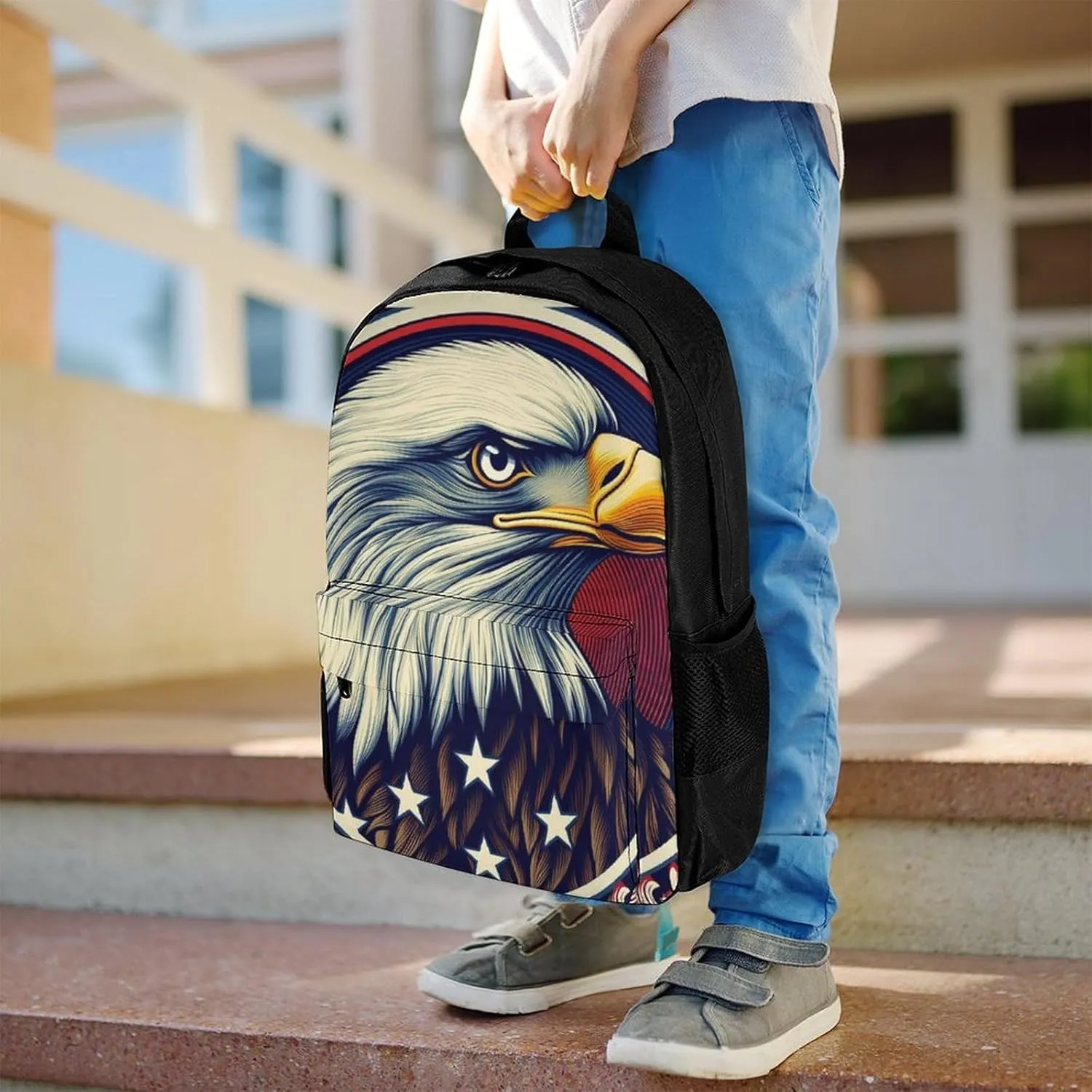 Adults Lightweight American Flag Eagle Art Rucksacks Large Capacity Bookbag With Adjustable Shoulder Straps for Trekking Outdoors Bicycle