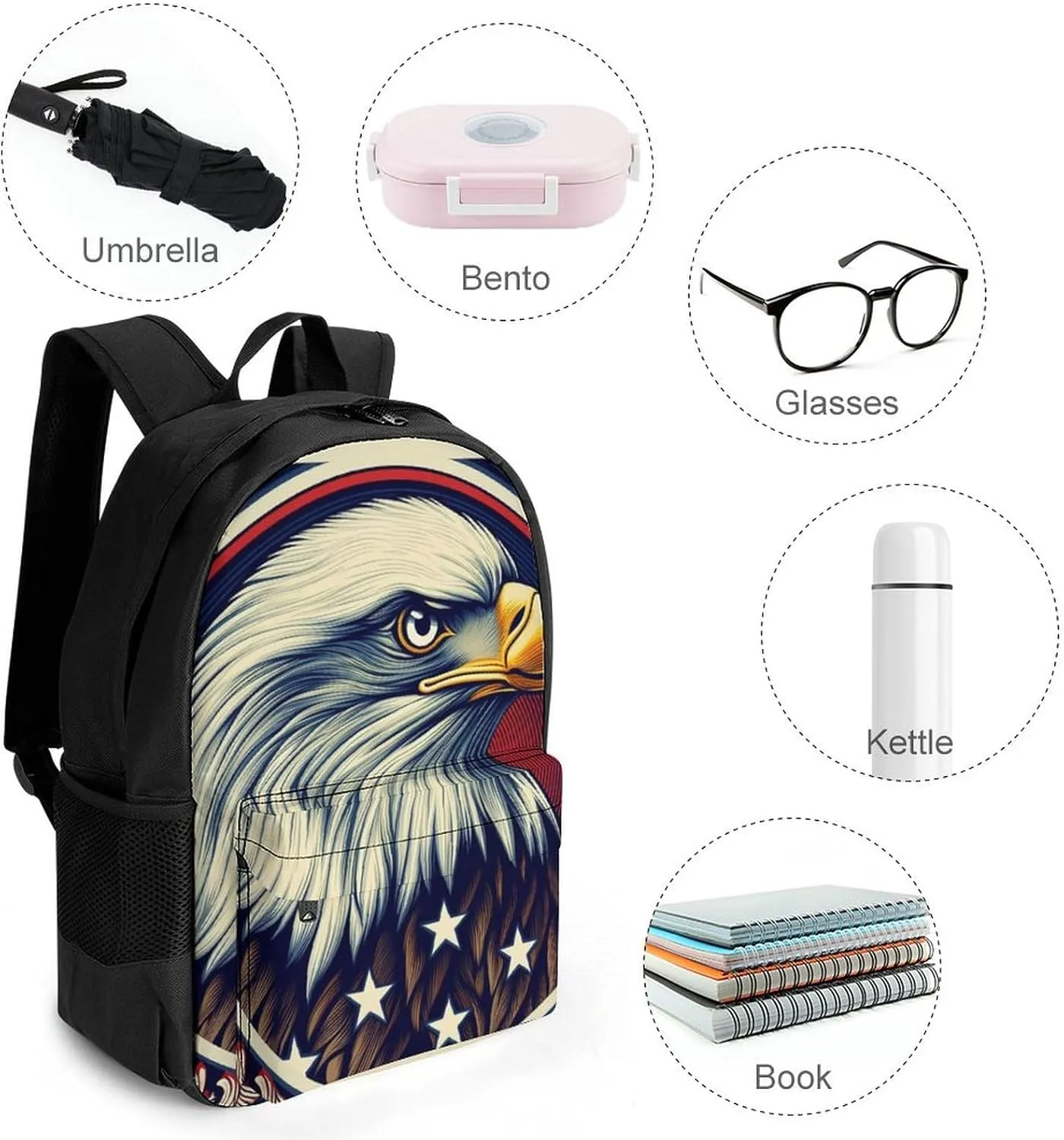 Adults Lightweight American Flag Eagle Art Rucksacks Large Capacity Bookbag With Adjustable Shoulder Straps for Trekking Outdoors Bicycle