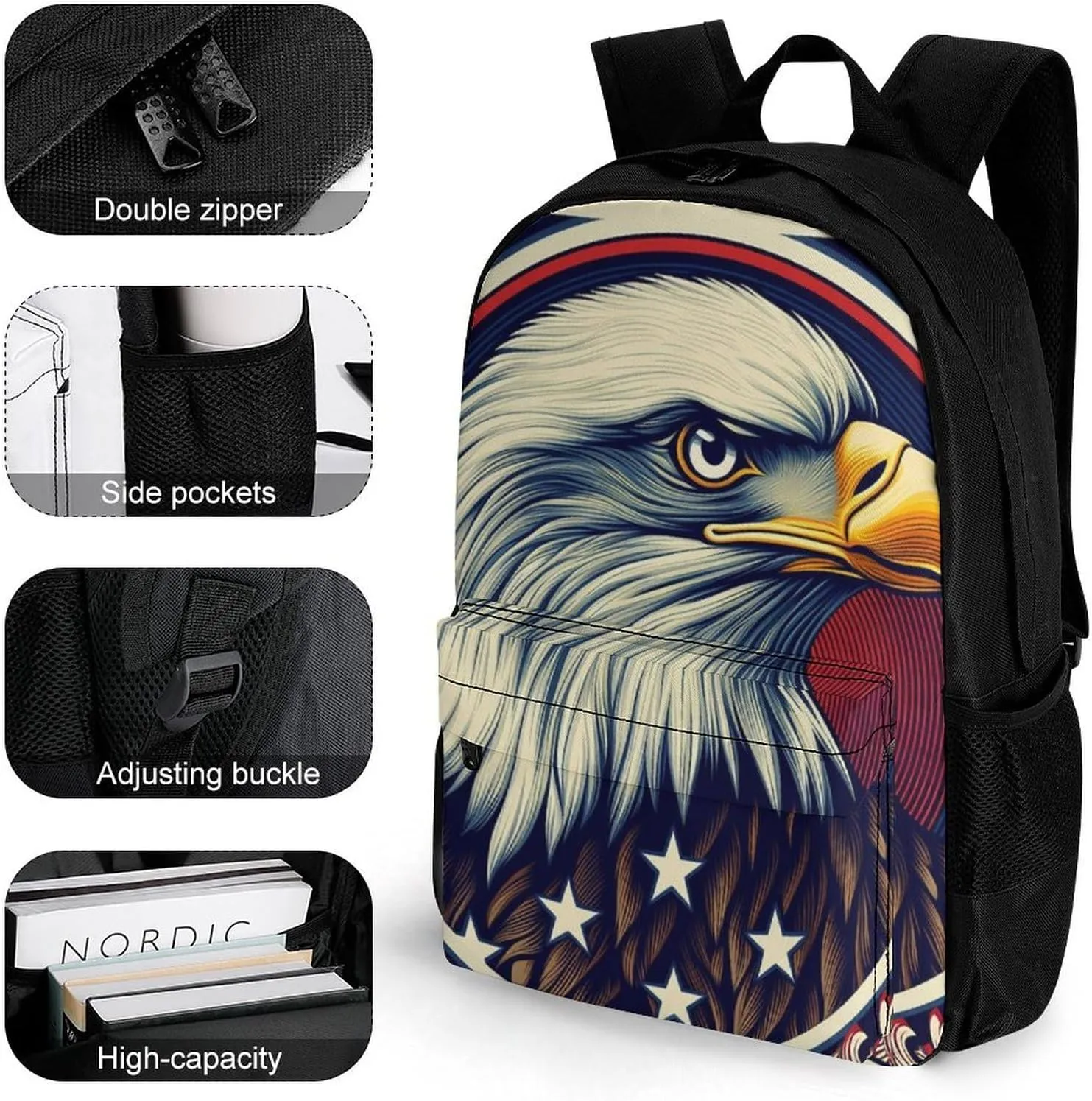 Adults Lightweight American Flag Eagle Art Rucksacks Large Capacity Bookbag With Adjustable Shoulder Straps for Trekking Outdoors Bicycle