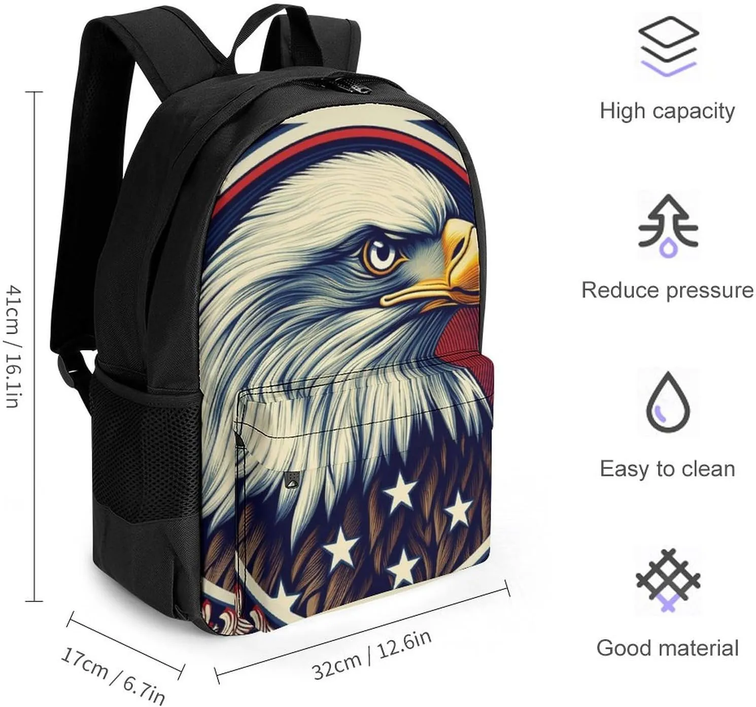 Adults Lightweight American Flag Eagle Art Rucksacks Large Capacity Bookbag With Adjustable Shoulder Straps for Trekking Outdoors Bicycle
