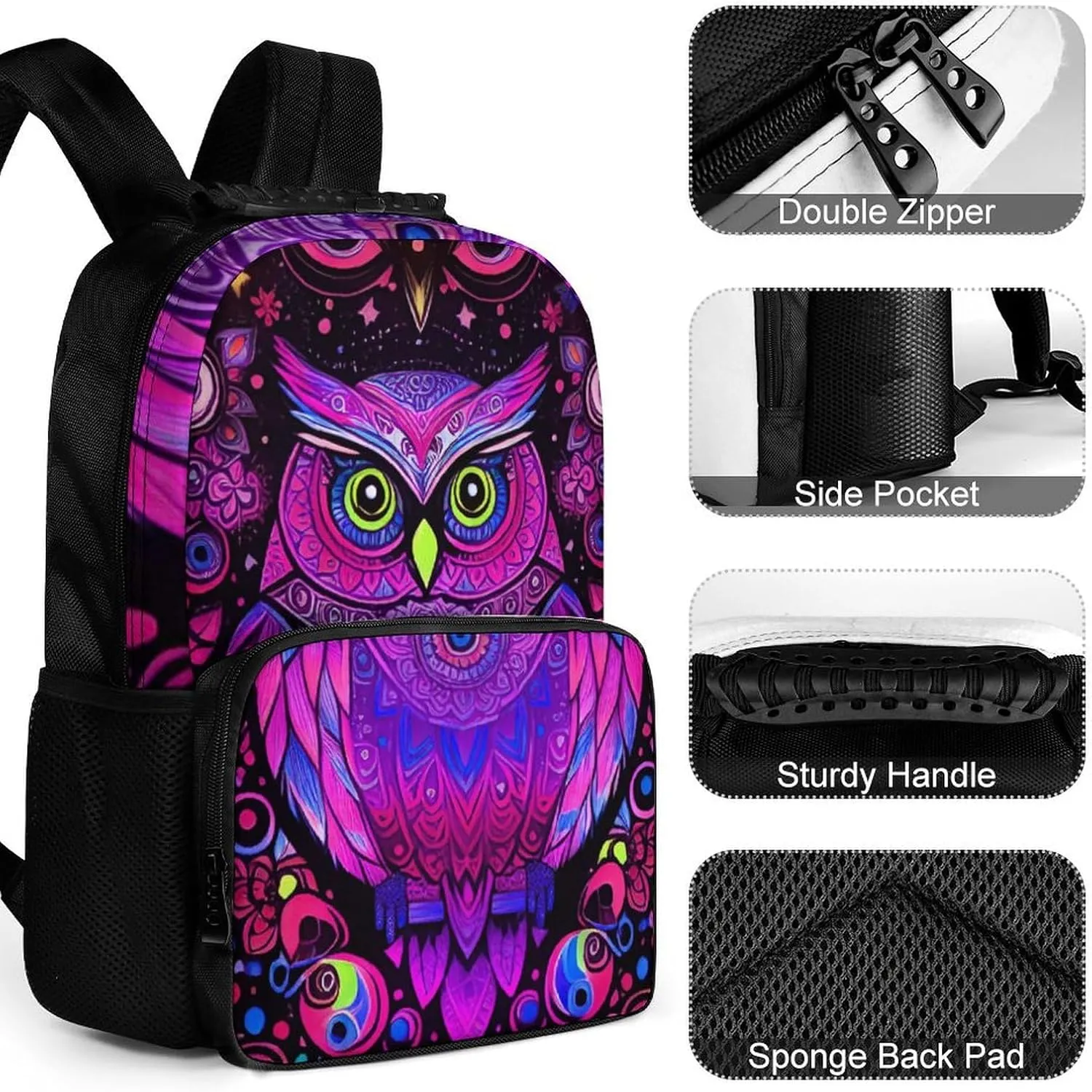 Adults Lightweight Cute Abstract Owl Psychedelic Art Rucksacks Large Capacity Bookbag With Adjustable Shoulder Straps for Trekking Outdoors Bicycle