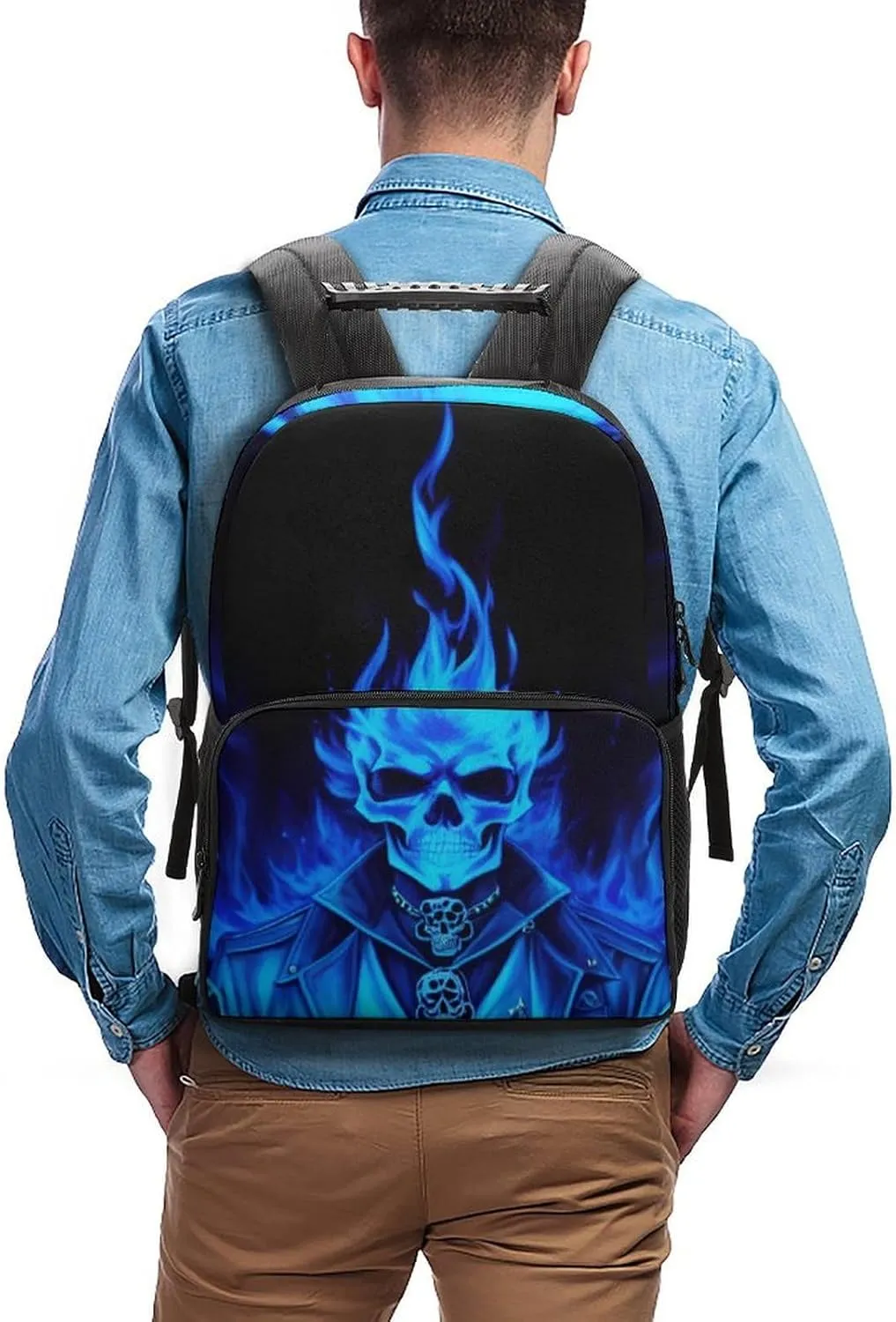 Adults Lightweight Flaming Blue Cool Skull Art Rucksacks Large Capacity Bookbag With Adjustable Shoulder Straps for Trekking Outdoors Bicycle