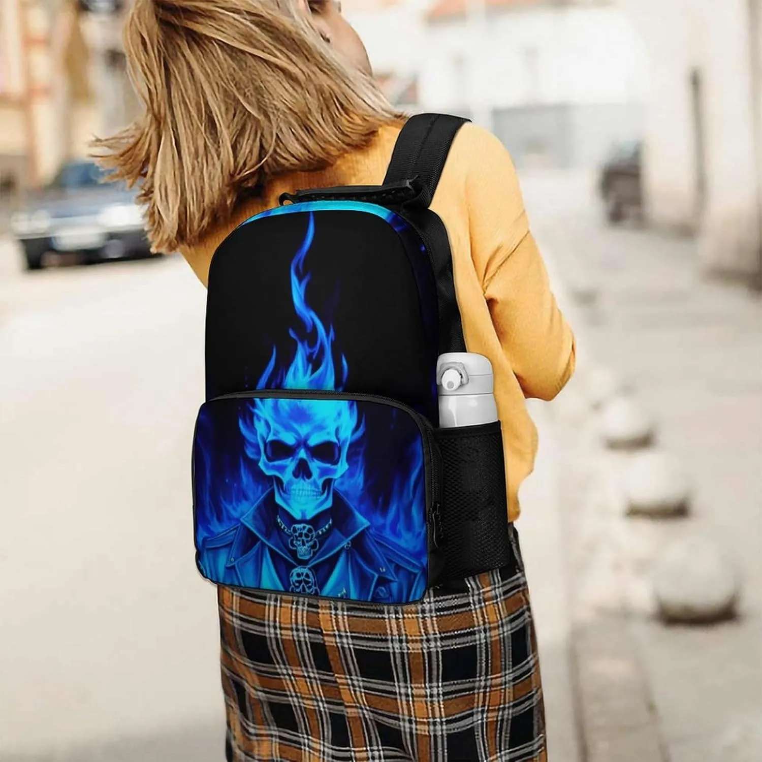 Adults Lightweight Flaming Blue Cool Skull Art Rucksacks Large Capacity Bookbag With Adjustable Shoulder Straps for Trekking Outdoors Bicycle